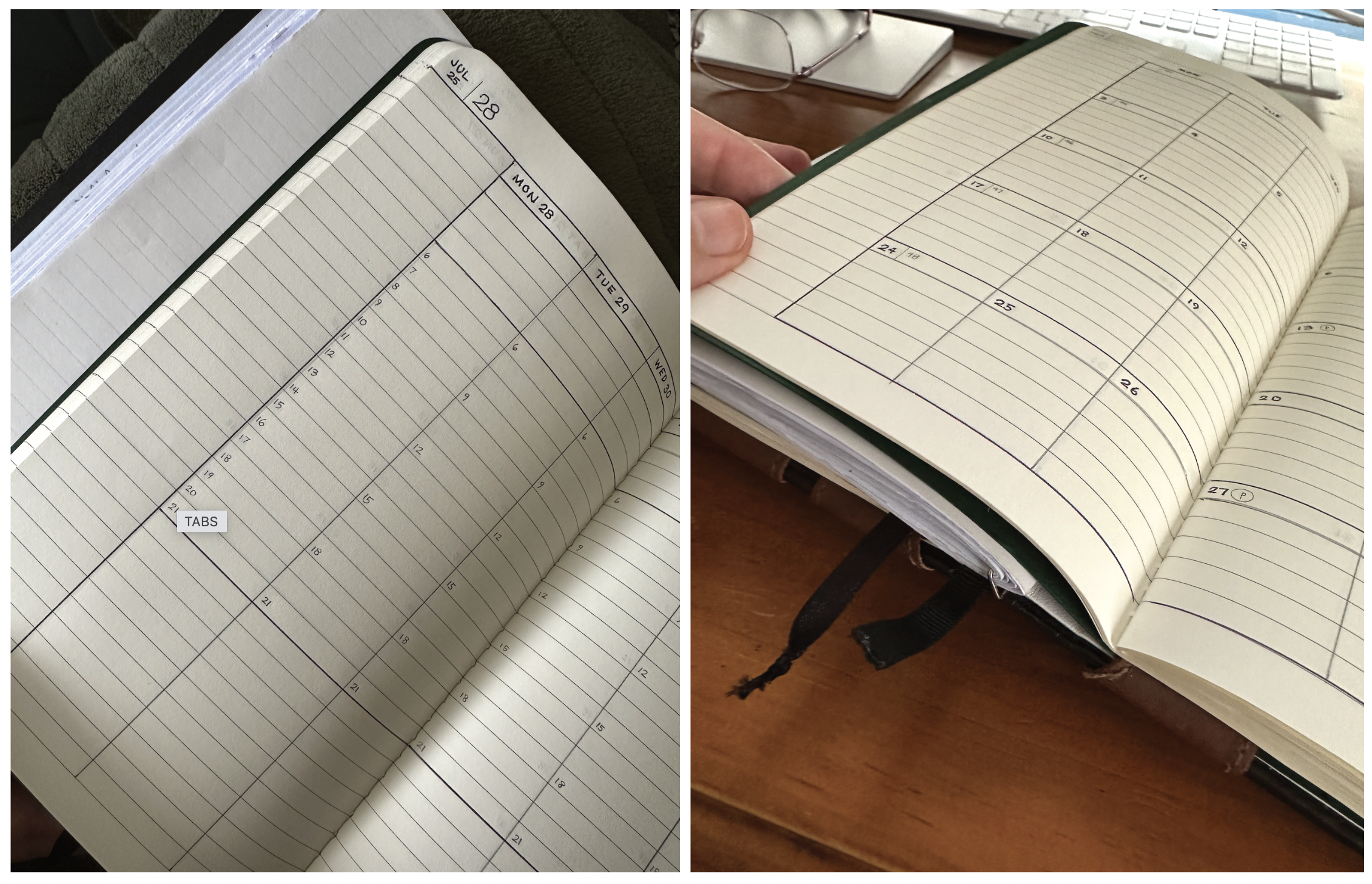 Two side by side photos of Moleskine Cahier notebooks showing a weekly and monthly spread respectively, hand drawn in black ballpoint pen and pencil