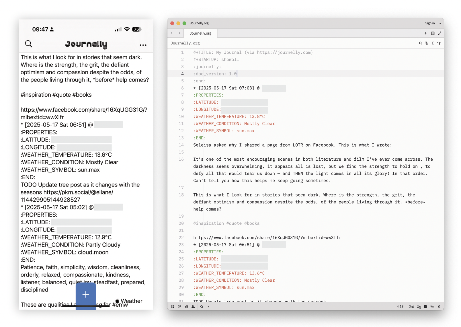 Screenshots of Journelly in source mode on iPhone and on Mac