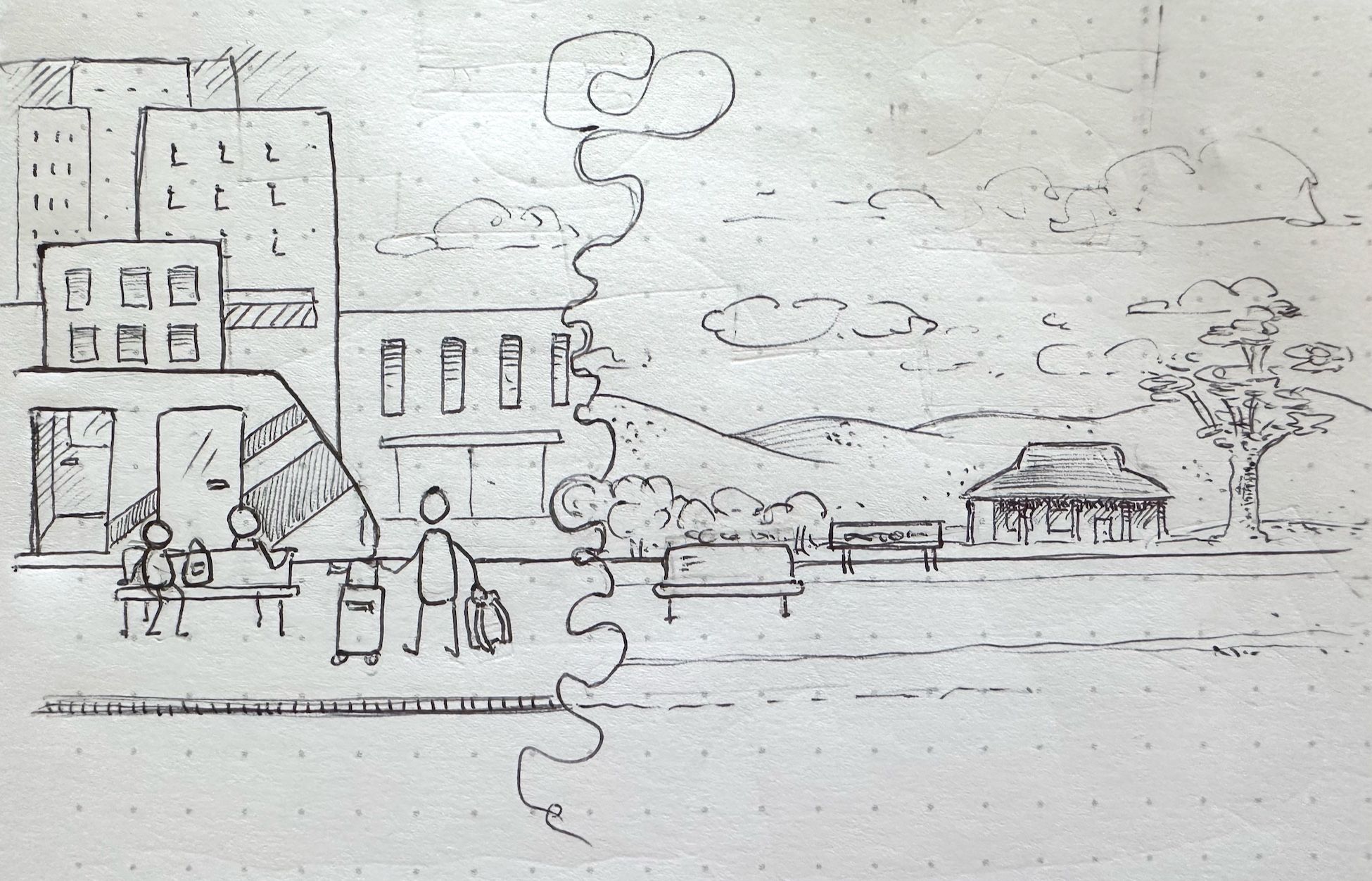 A sketched scene divided into two halves. On the left is an urban train station with tall buildings in the background and people sitting on benches and standing with luggage, while on the right is a lone bench at a country train station with trees, hills, and a country Australian house in the background.