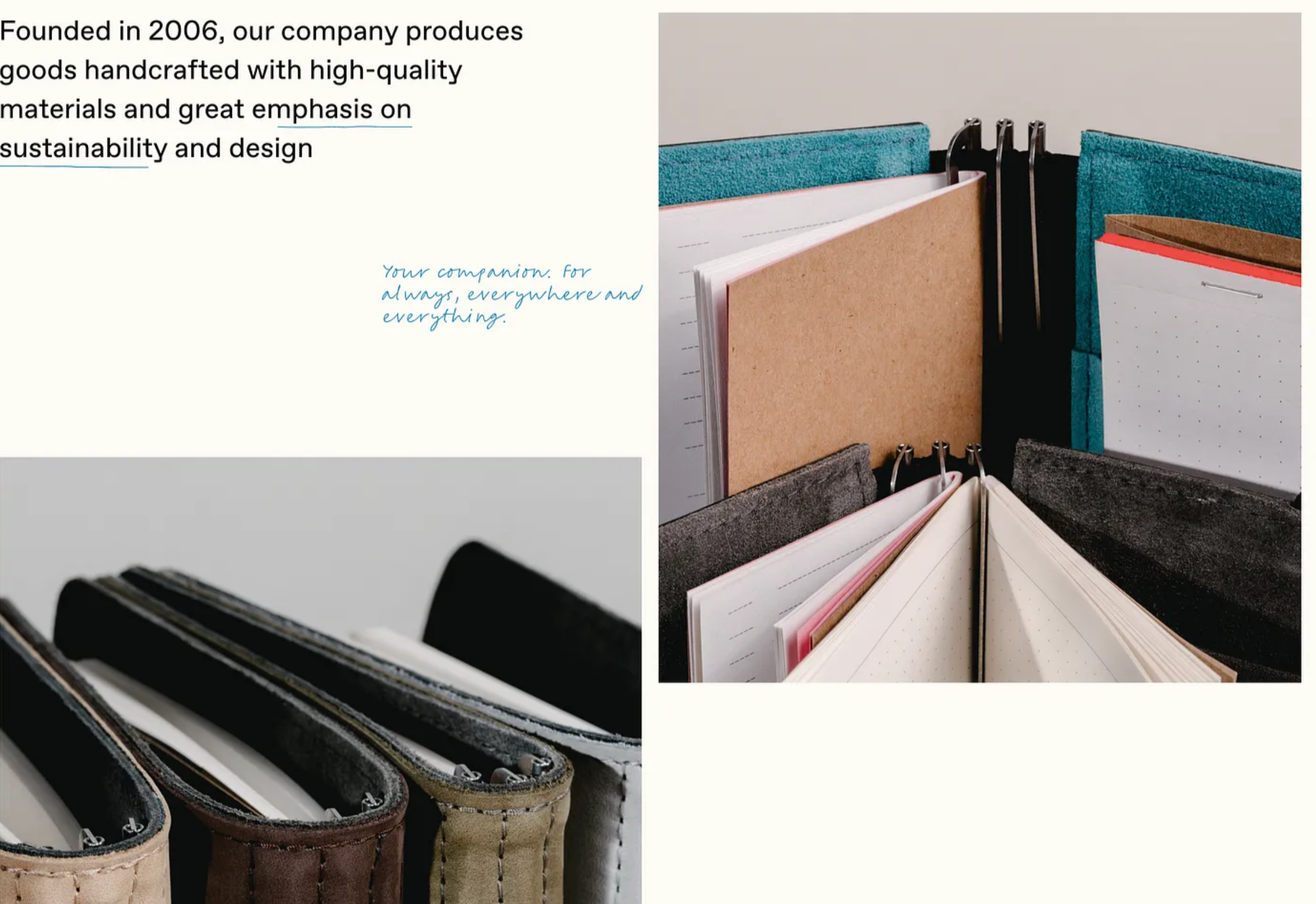 Screenshot from the Roterfaden website, showing closeups of various notebook covers and the notebooks that go inside them. Text reads: Founded in 2006, our company produced goods handcrafted with high-quality materials and great emphasis on sustainability and design. Your companion, for always, everywhere and everything.