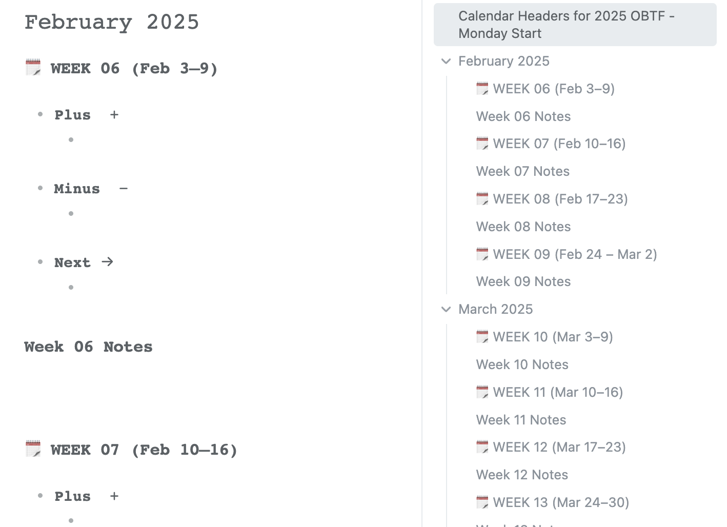 Black text on a white background showing Markdown headers on the left, and an outline of months and weeks for 2025 in a narrow column on the right