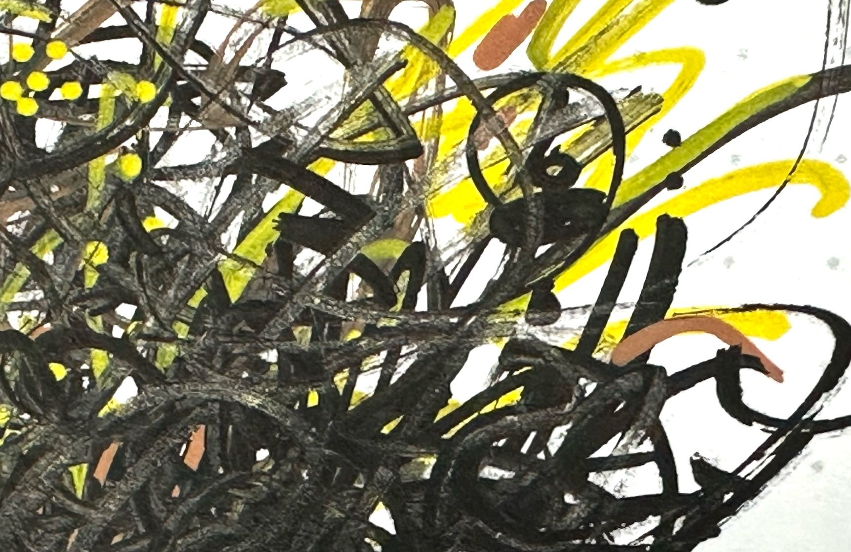 An abstract drawing featuring chaotic, intertwining lines in black, yellow, and brown against a light background. The composition suggests a sense of movement and randomness.