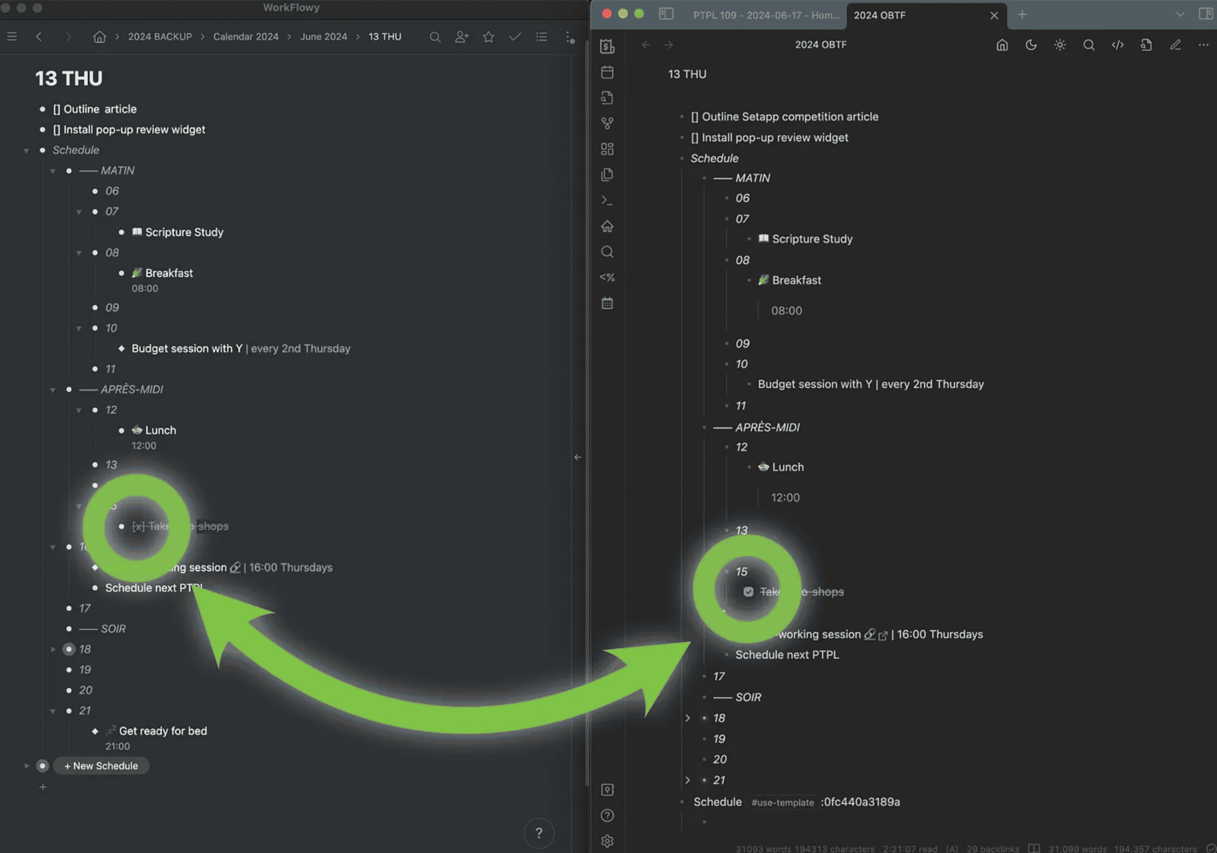 Workflowy on the left, unaltered Markdown export in Obsidian on the right