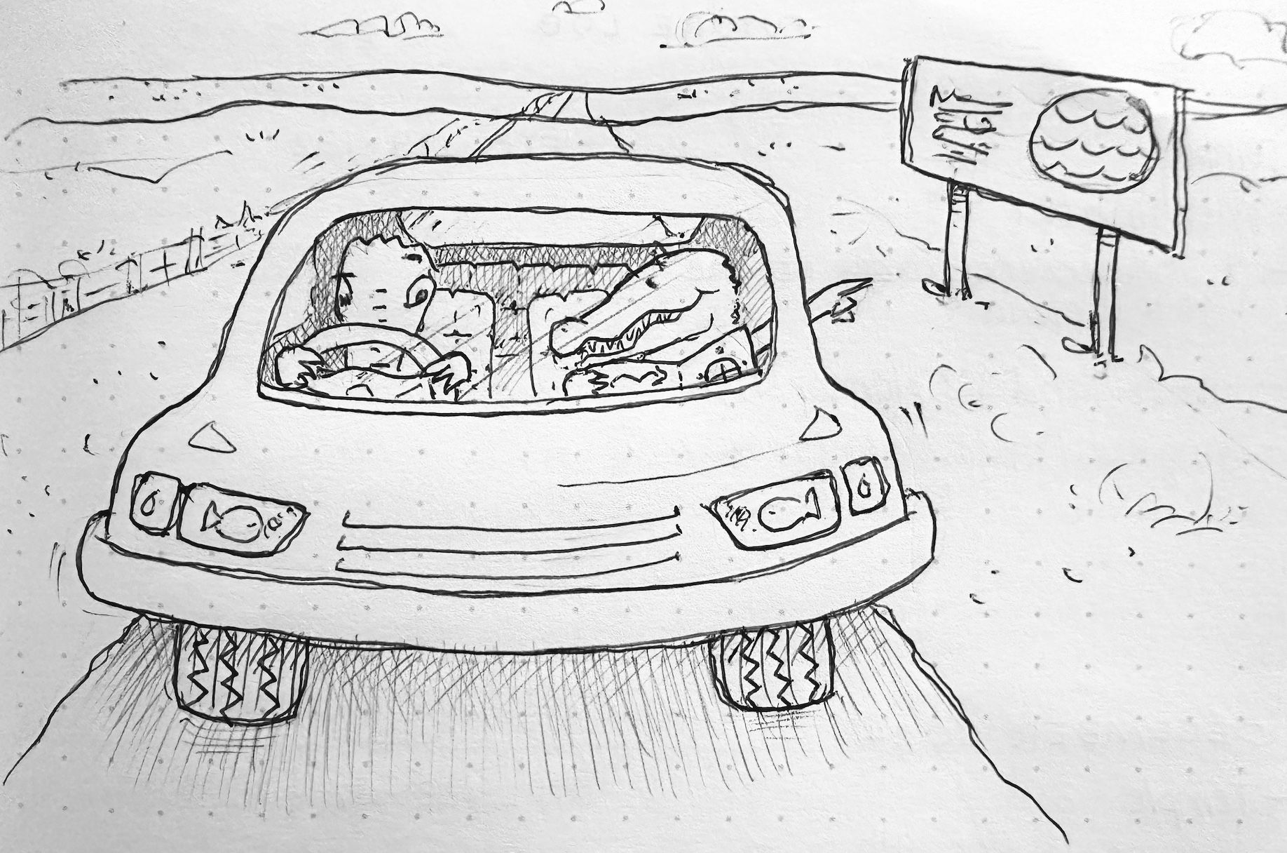 A cartoon-style drawing of a car driving down a road featuring 2 alligators, one behind the wheel and the other holding a map and giving directions. The second alligator is pointing out the window at a sign with a wavy symbol on it, suggesting that water is nearby. There are bushes and hills in the background.