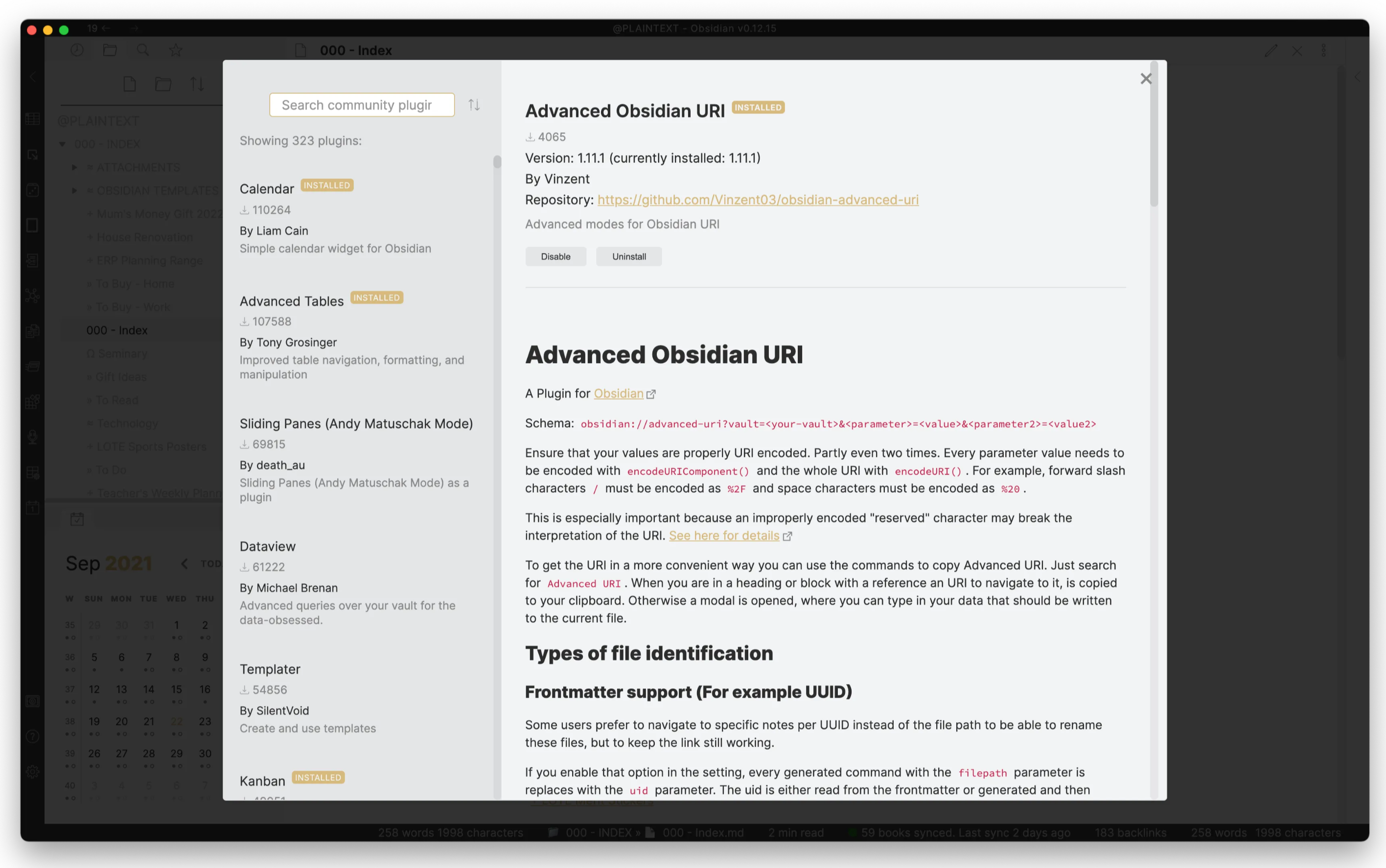 Screenshot of the Advanced Obsidian URI plugin page in Obsidian