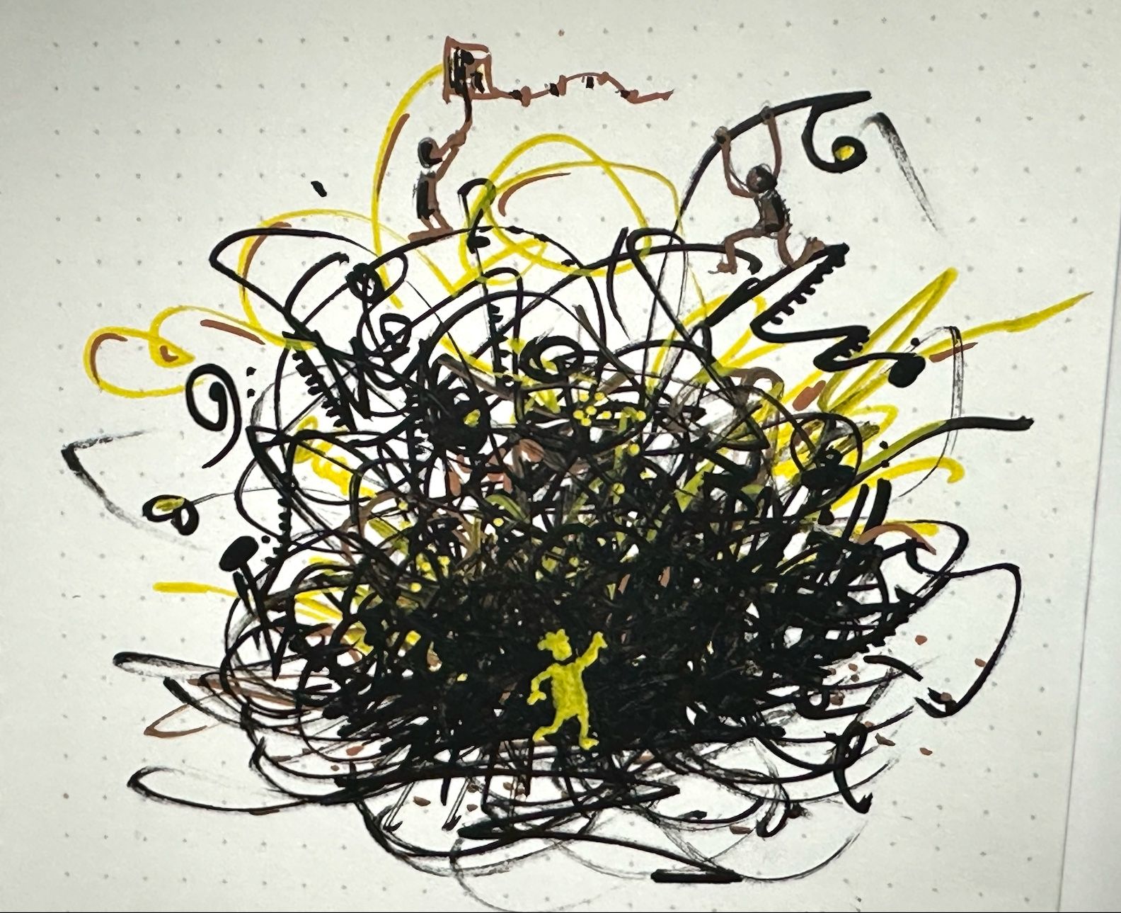 An abstract illustration featuring chaotic black and yellow lines forming a tangled mass, with small figures seemingly interacting within the chaos. A single yellow figure stands out in the center of the image.