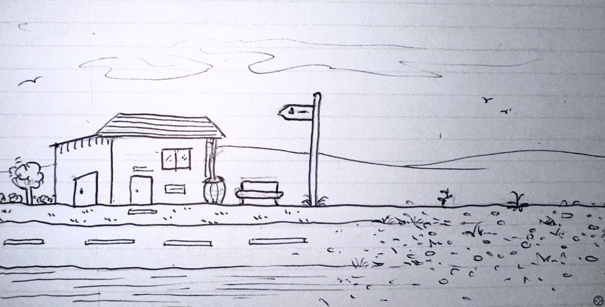 A simple black-and-white drawing of a small house next to a road. The road disintegrates into rubble next to a desert-like landscape. There is a bench and a signpost nearby, with a tree and some plants in the foreground. The background features rolling hills and a few birds in the sky.