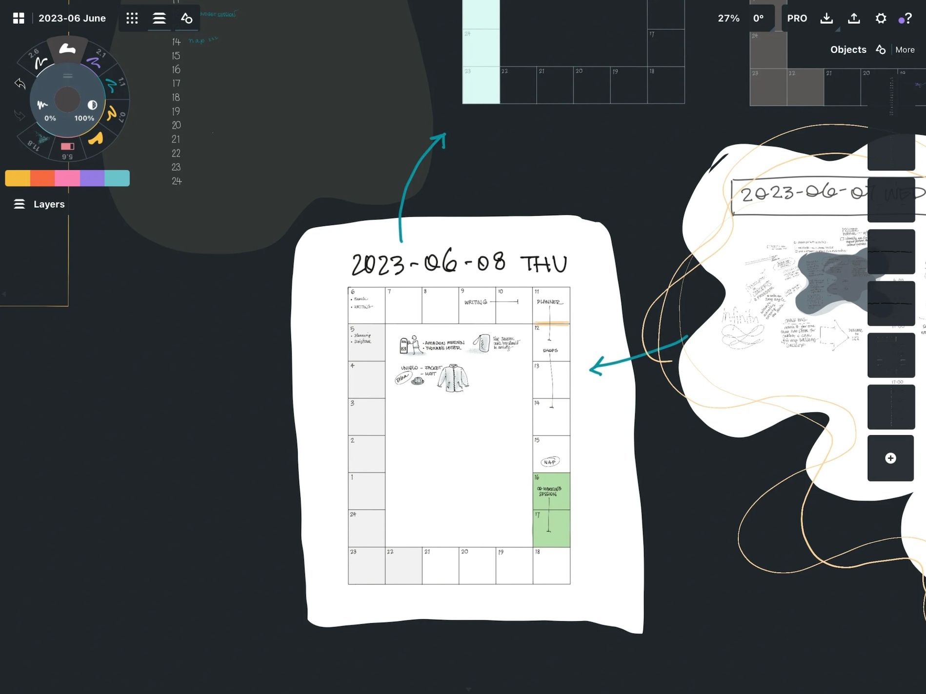 Screenshot of the Concepts app showing a closeup of the Author’s daily plans. There’s a 24-box portrait orientation grid in the centre of the picture, dated 8th June 2023. Arrows and swirly lines lead to a partial view of plans for other days.