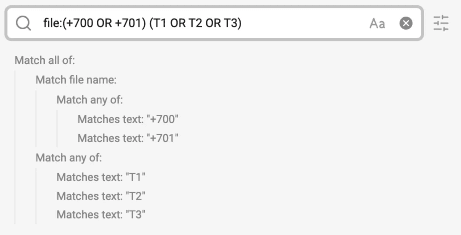 screenshot of an Obsidian search query: file:(+700 OR +701) (T1 OR T2 OR T3)