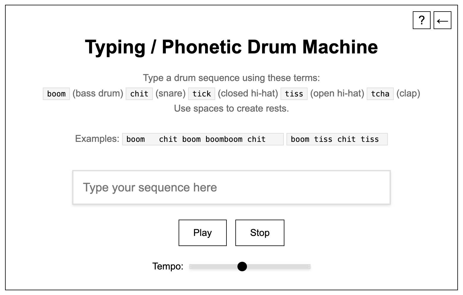 screenshot of the phonetic drum machine website showing a field where you can type various combinations of the words boom, chit, tick, tiss, and tcha