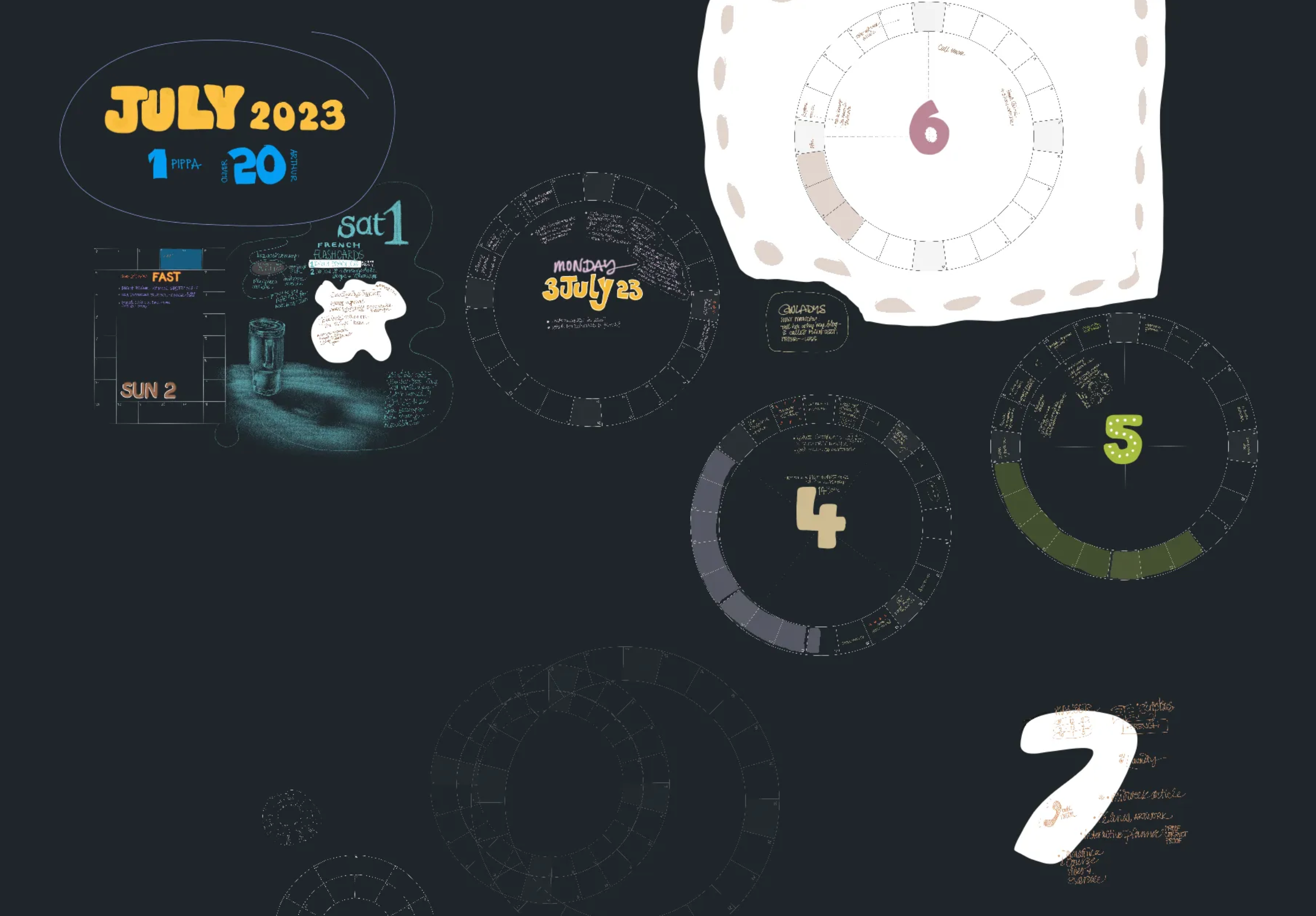 Almost-black screen, with several circular donut-style grids, comprising 24 blocks each (one block = 1 hour). The date is handwritten in a blocky style within each circle. We can see 3, 4, 5, and 6. There are handwritten notes in and around the circles, but it’s too small to read. There’s a large, blocky, white number 7 in the bottom right hand corner, with tasks for that day written on and around it.