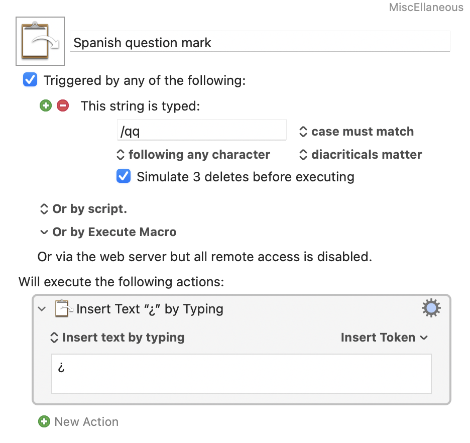 Screenshot of Keyboard Maestro text expanding macro using the string /qq to insert text (¿) by typing.