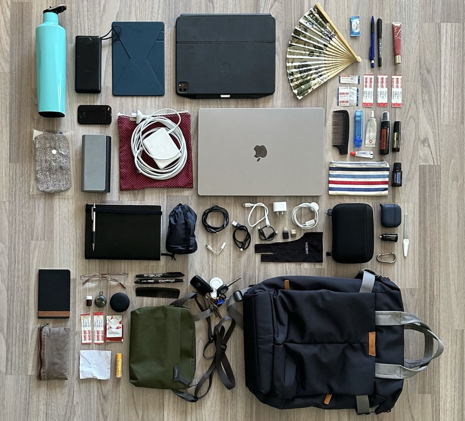 Two bags and their contents are spread in a grid formation on a multi-shade grey laminate floor. There’s an aqua drink bottle, iPad Pro, MacBook Pro, various cables, notebooks, and personal items. The full list can be found in the article itself.