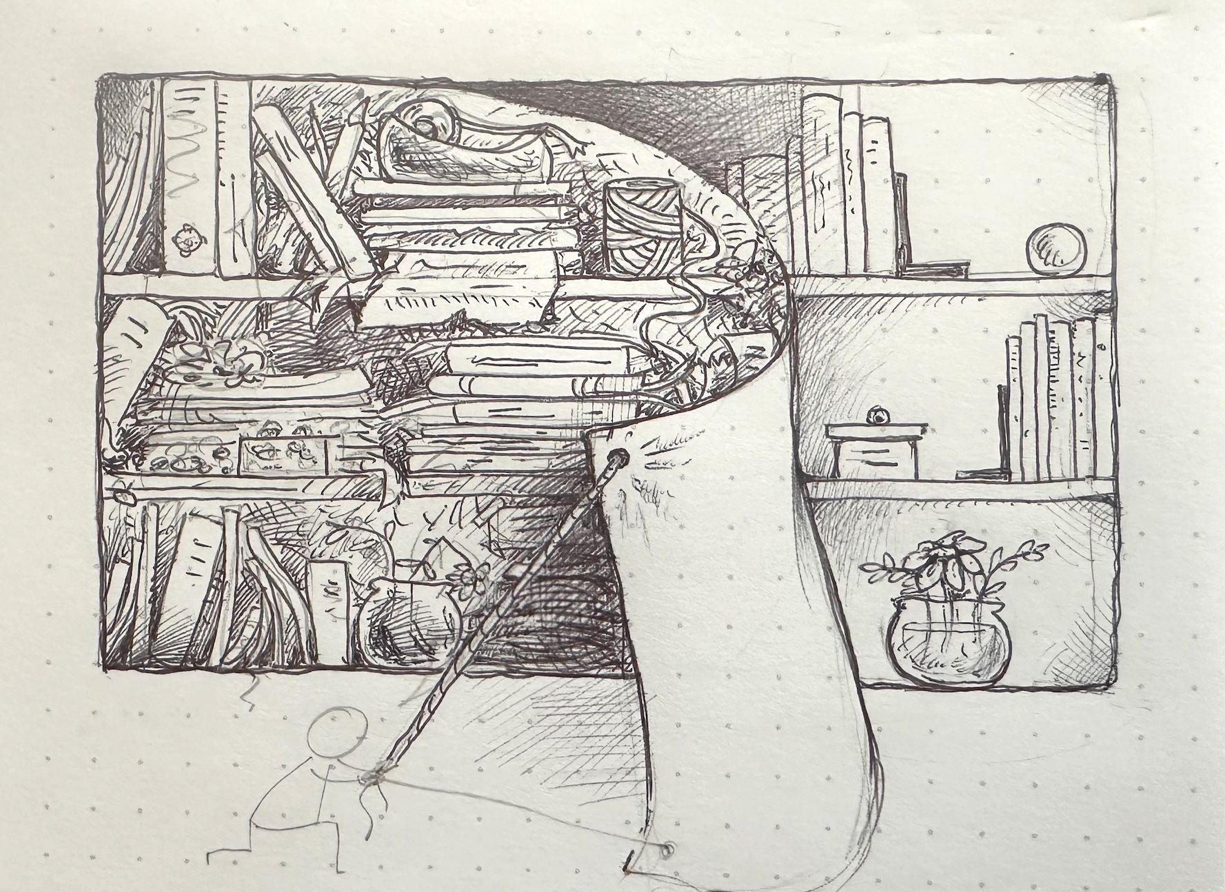 A sketch depicting a person pulling back a large sheet showing a cluttered bookshelf filled with books, plants, and various items, to reveal a shelf of more minimally organised shelves