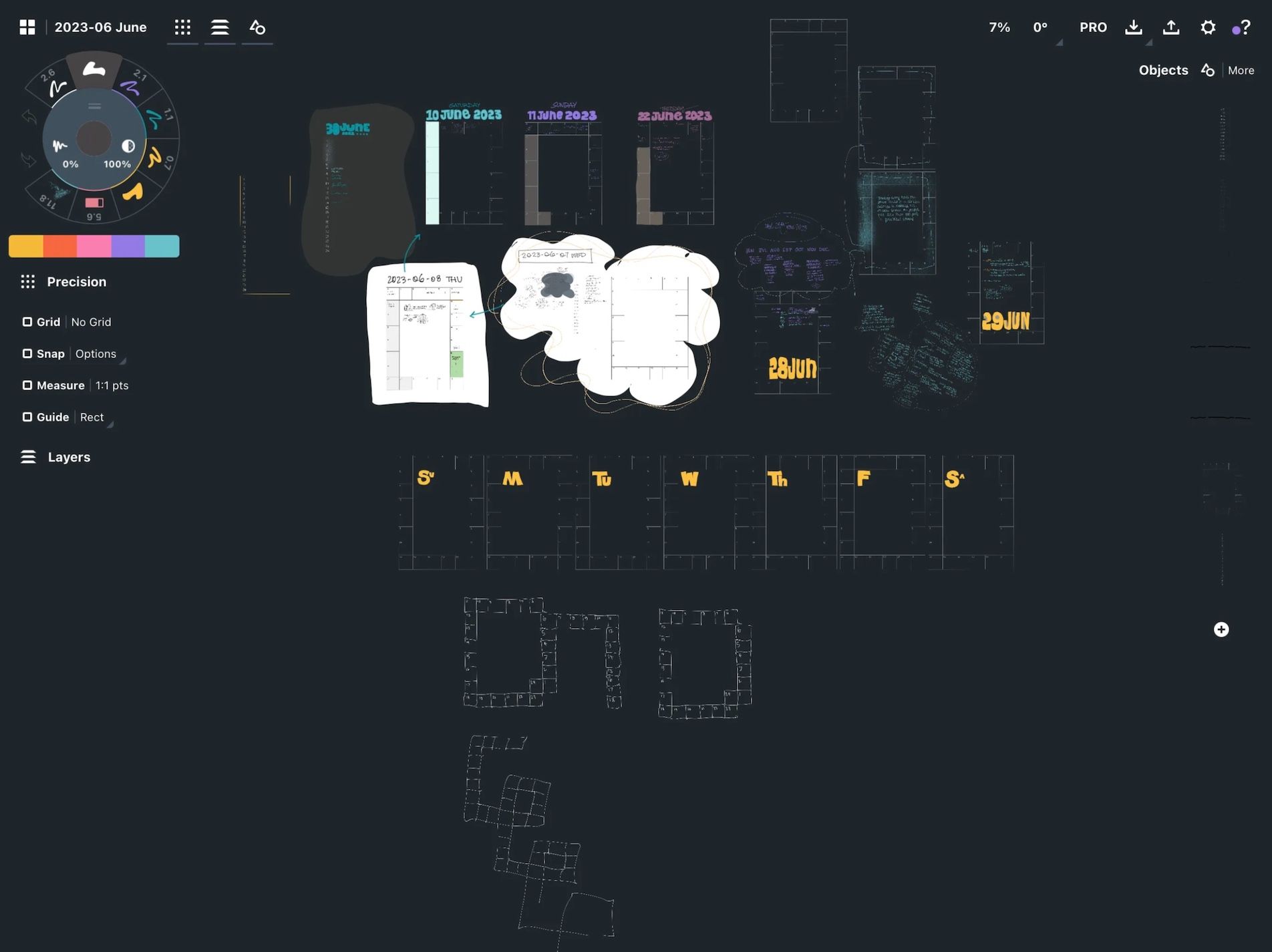 Screenshot of the Concepts app, showing a zoomed out view of handwriting and various grids and shapes on a dark background