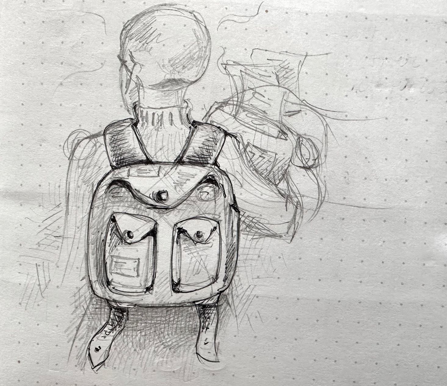 A sketch of a person seen from the back, wearing a backpack with two front pockets. The figure is surrounded by pencil lines and shading.