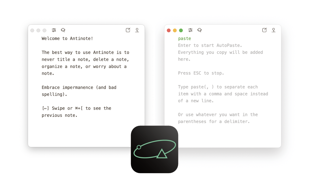 Screenshots from Antinote showing the Welcome screen and the paste key word instructions, plus the Antinote logo