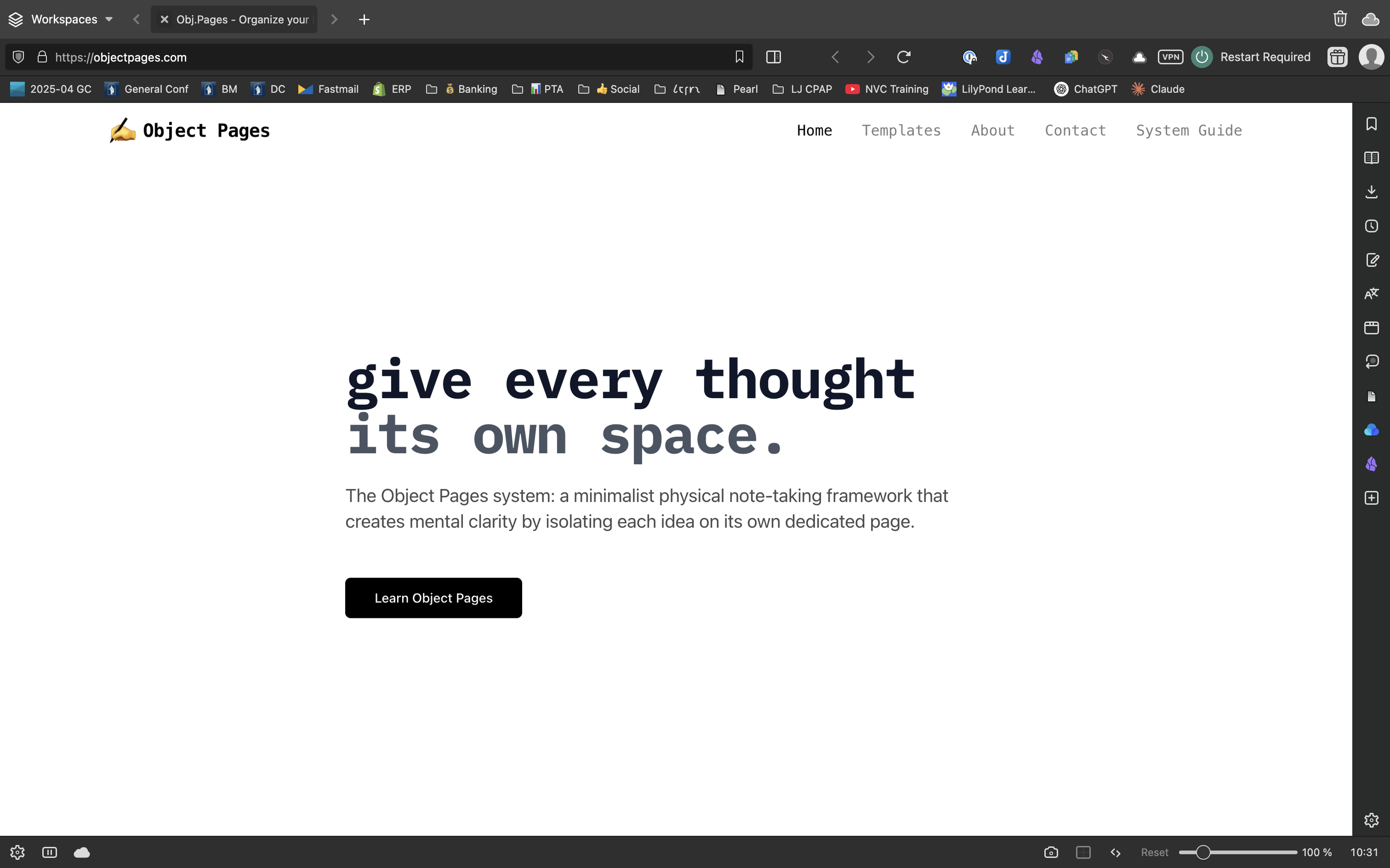 Screenshot of JA Westenberg’s website, with text that reads “give every thought its own space”. “The Object Pages system: a minimalist physical note-taking framework that creates mental clarity by isolating each idea on its own dedicated page.”