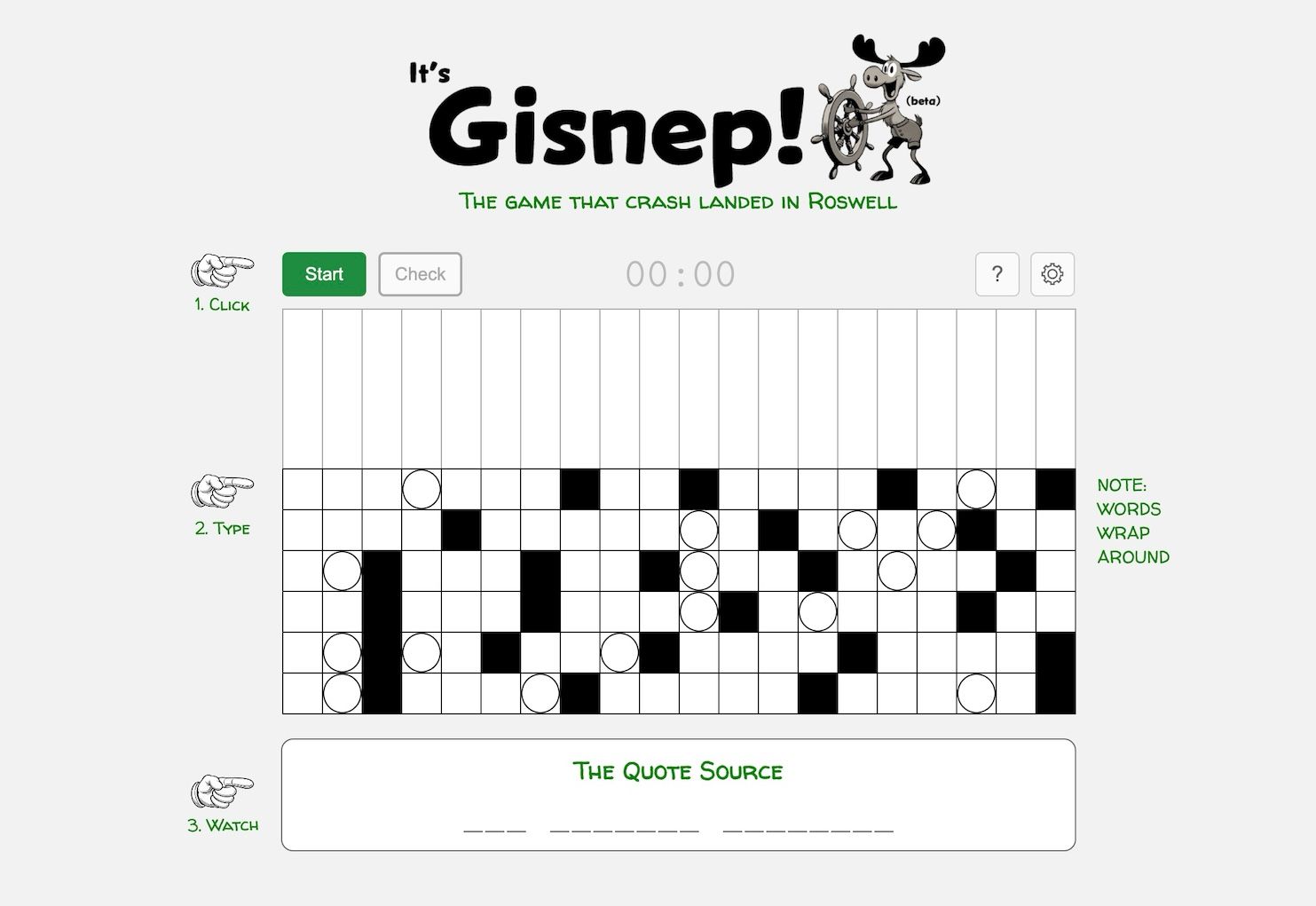 Crossword style grid on a grey background, with the word Gisnep as a header and a black and white Moose holding a ship’s steering wheel in the style of the original Mickey Mouse