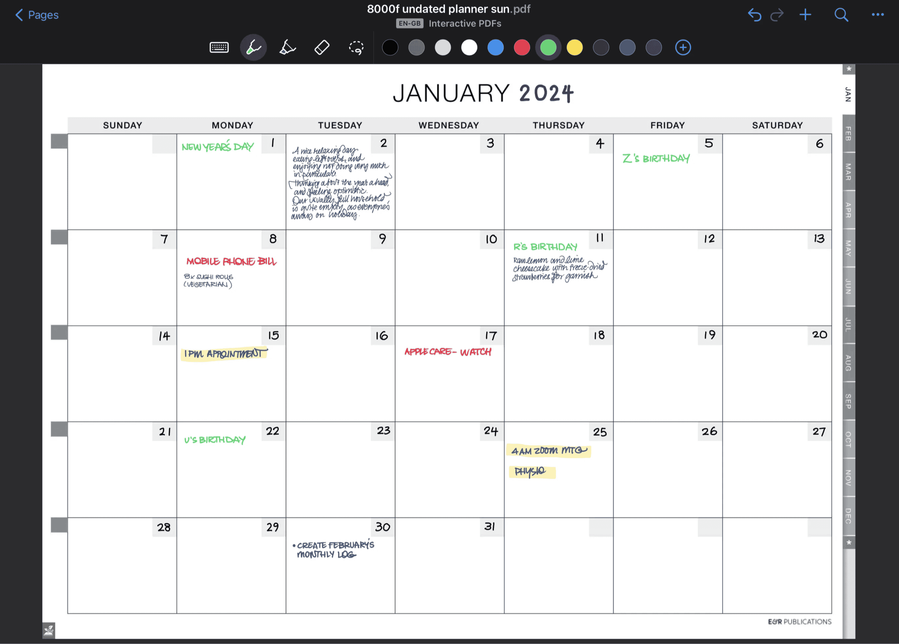 January calendar page on an iPad app, with handwritten events and notes written on some of the dates.