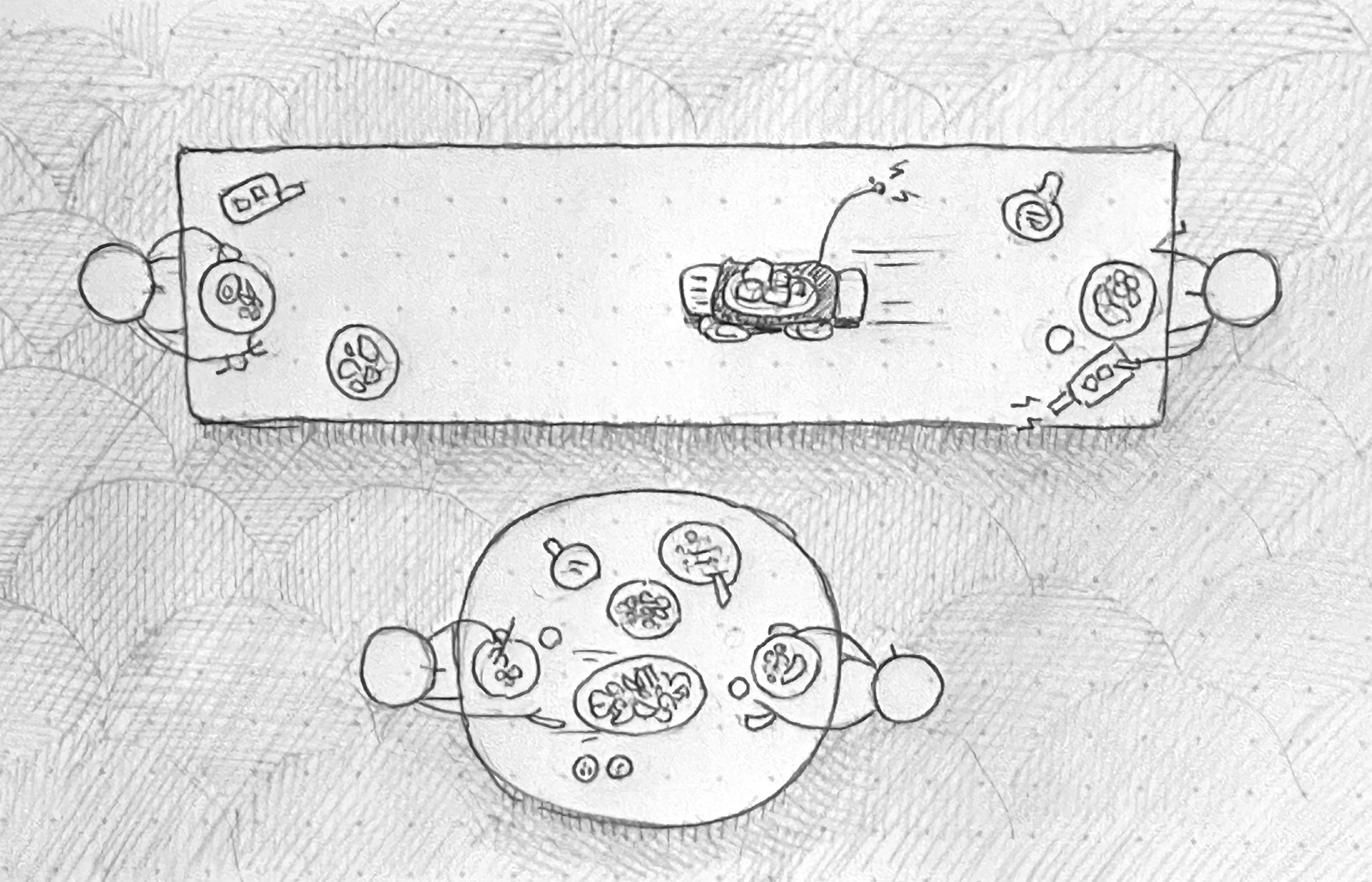 A whimsical drawing depicting two tables with food. A character is using a remote control to send a small car carrying a plate of food along an extremely long table to the person way at the other end, while two people sit at a round table below, freely passing plates by hand. Various food items and drinks are visible on both tables.