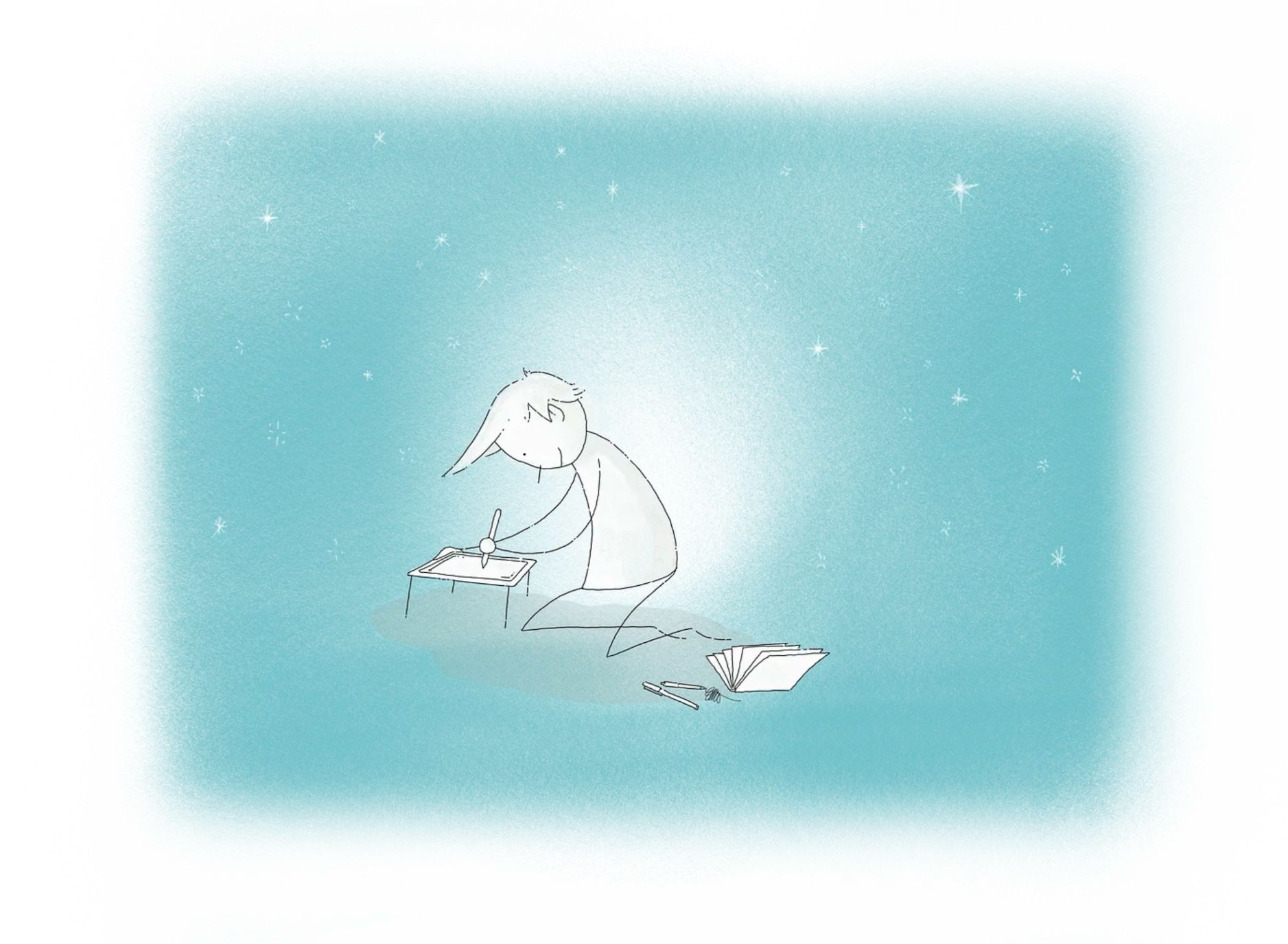 Line drawing of a smiling person kneeling on the ground, writing on an iPad that’s sitting on a lap desk. There’s an open book and a couple of pens on the ground nearby. The background is a soft blue, and there are tiny white stars scattered around the top two thirds of the picture.