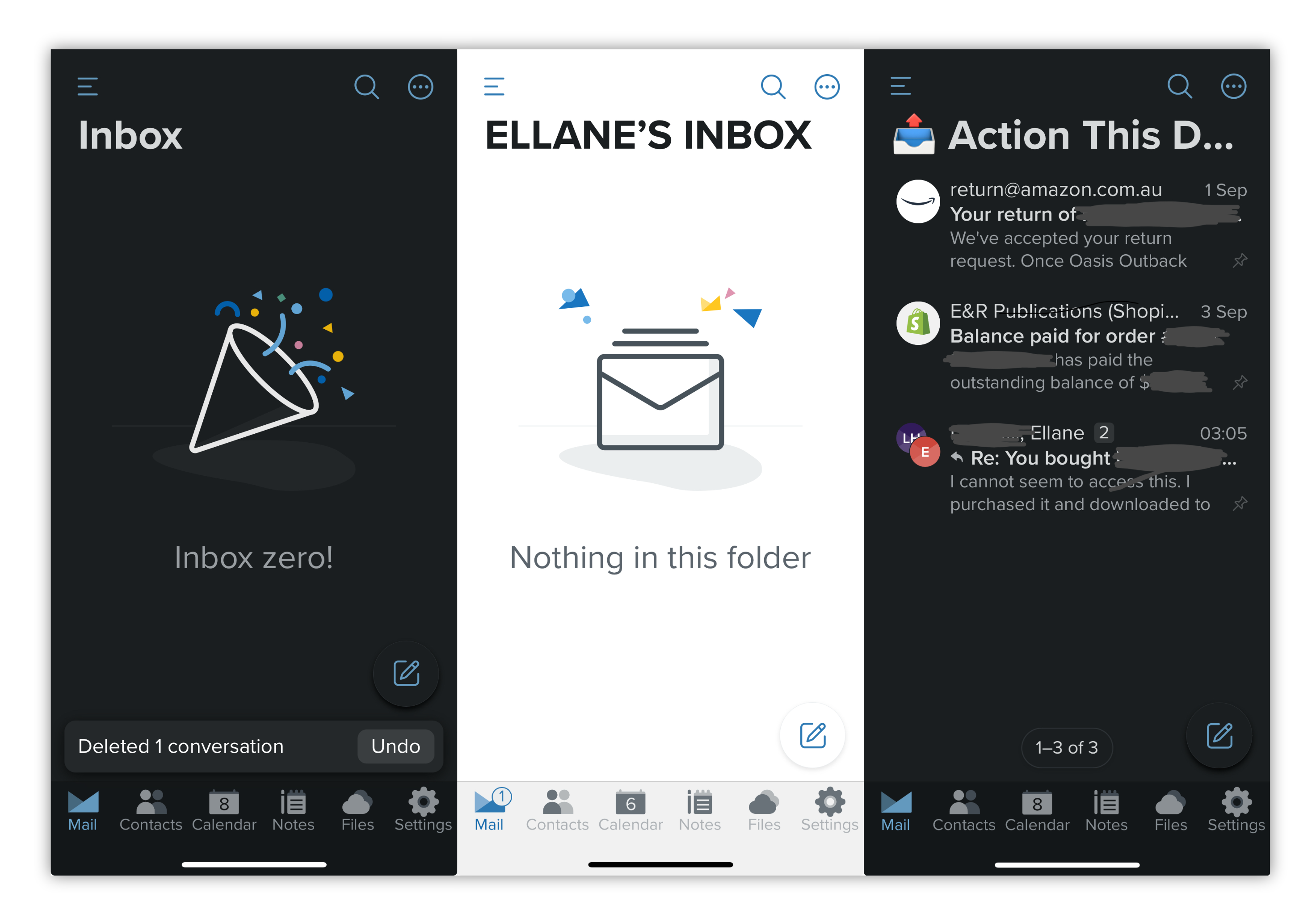 Three screenshots of an iPhone screen showing two empty inboxes and one Action This Day folder. The latter name label is preceded by an inbox emoji.