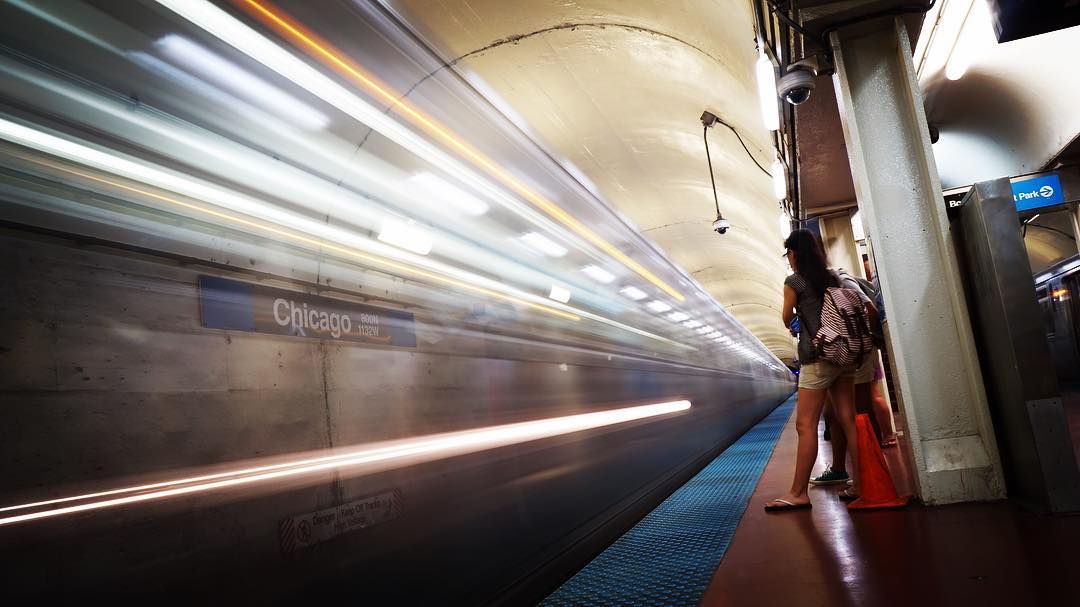 Time lapse photo of a Blue Line subway train in Chicago
