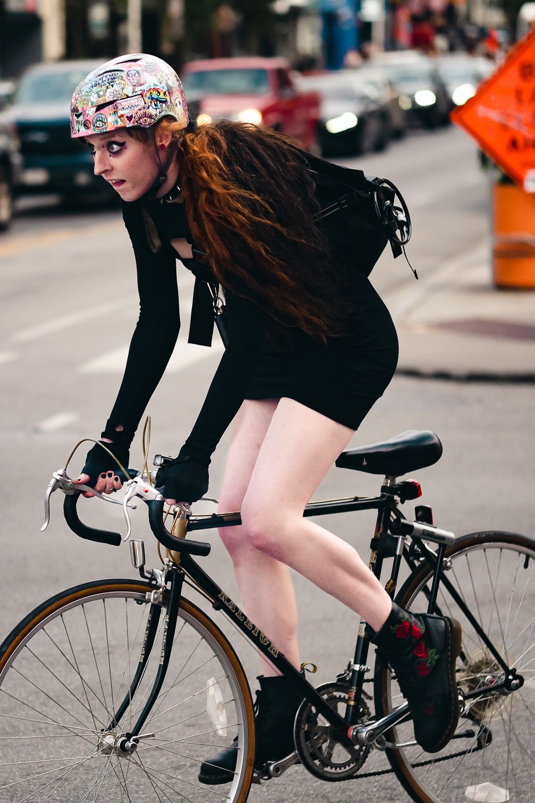 Goth punk cyclist lady at The Big Intersection in Wicker Park, Chicago