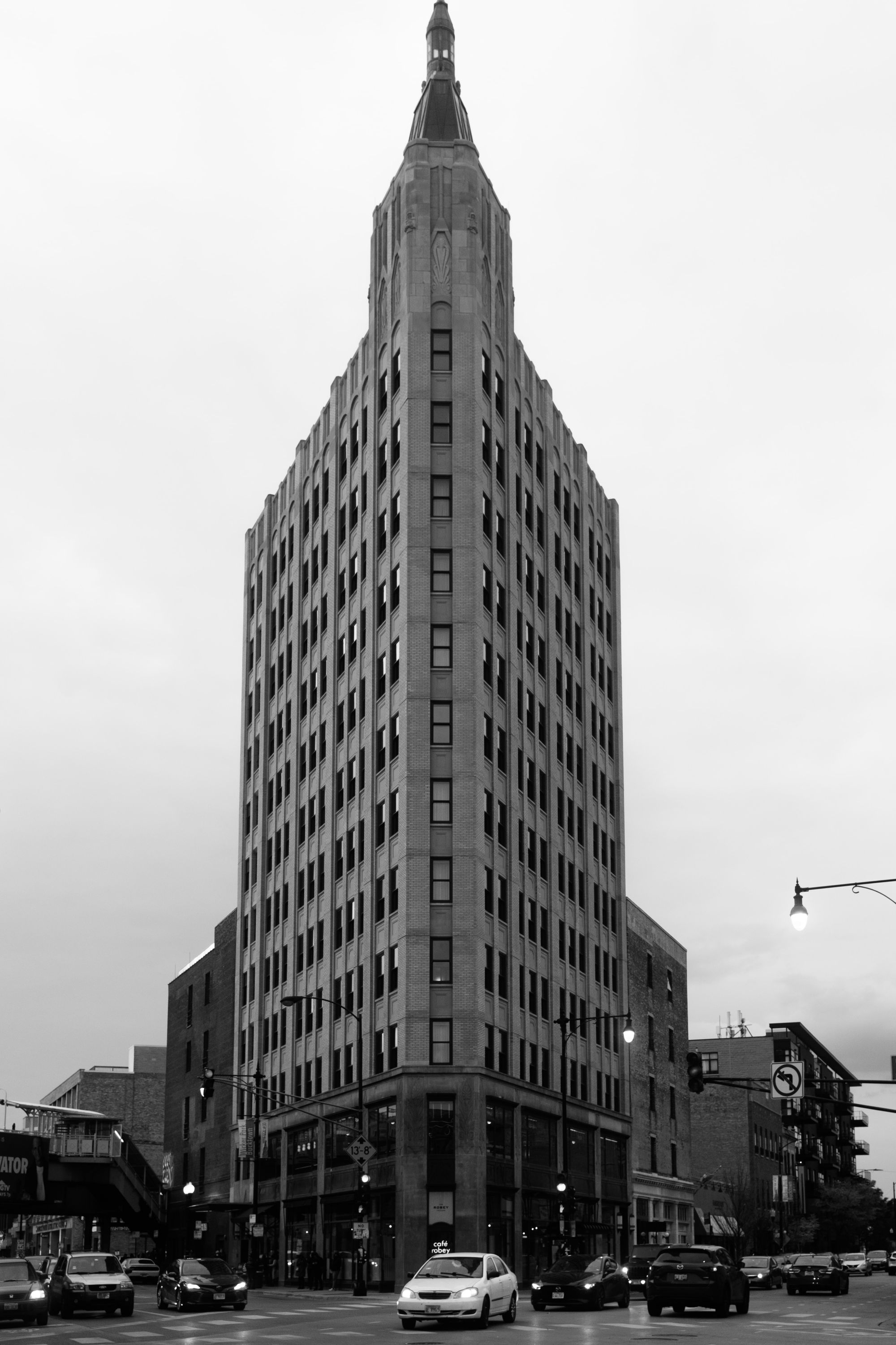 The Robey hotel during an overcast sunset.