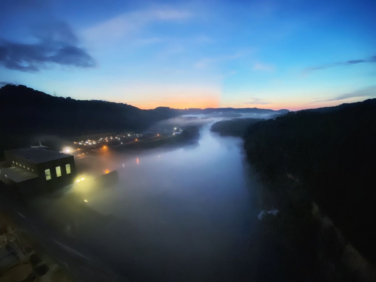 ‘‘twas a misty sunset on the Center Hill dam over Caney Fork river