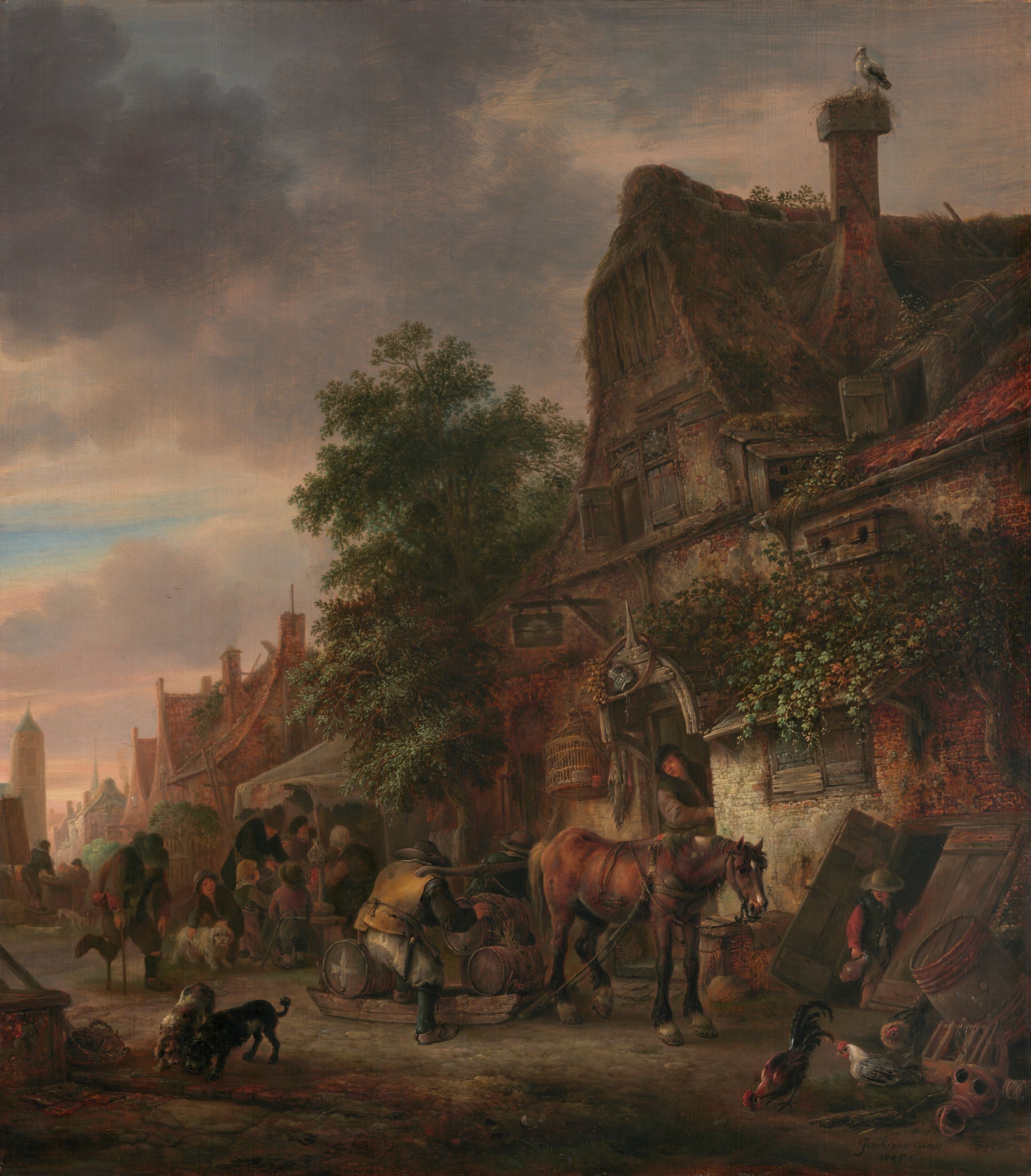 Oil painting of men turning in for the night at an Inn.