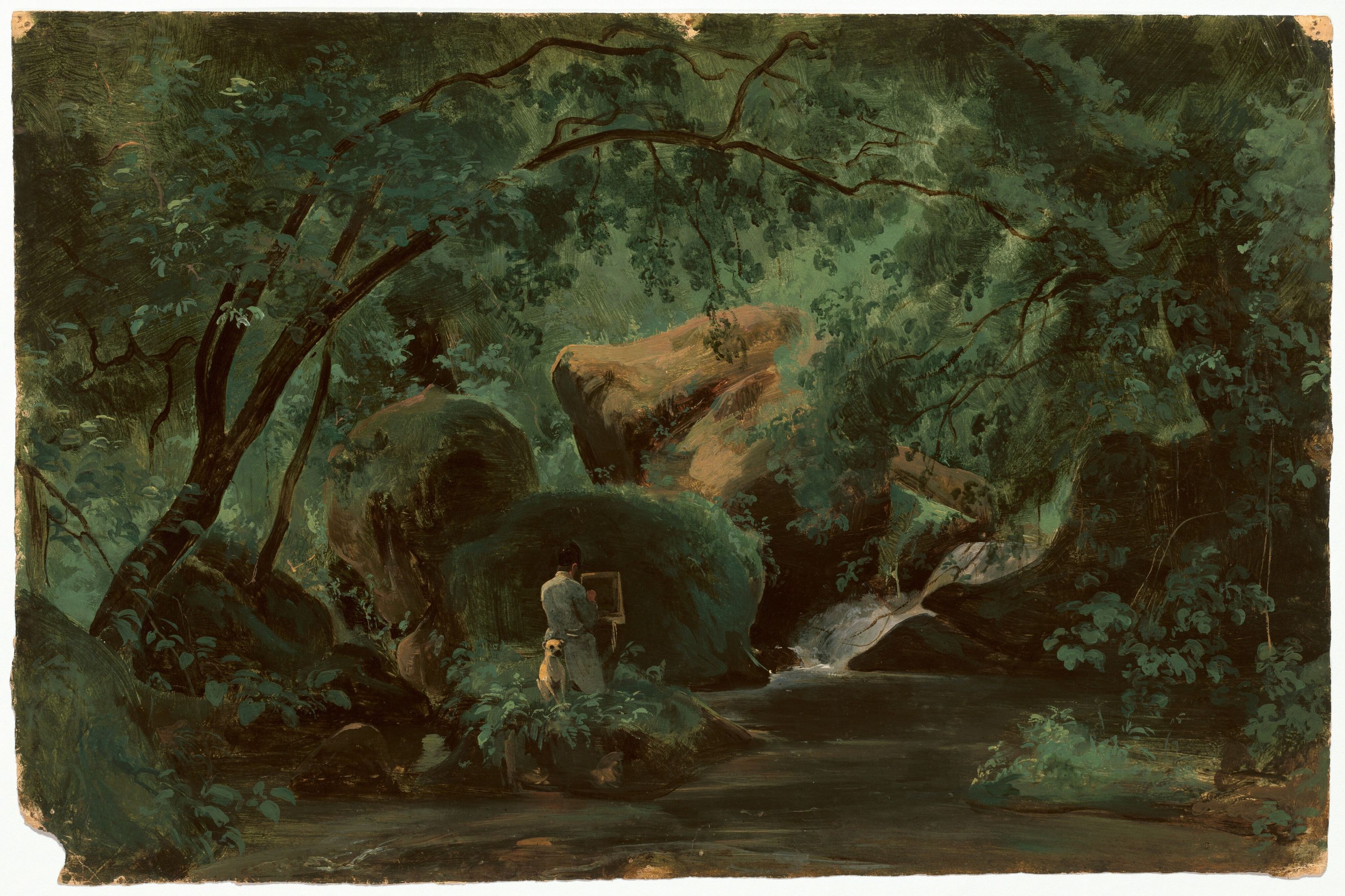 Oil painting of a painter in the woods next a stream painting.