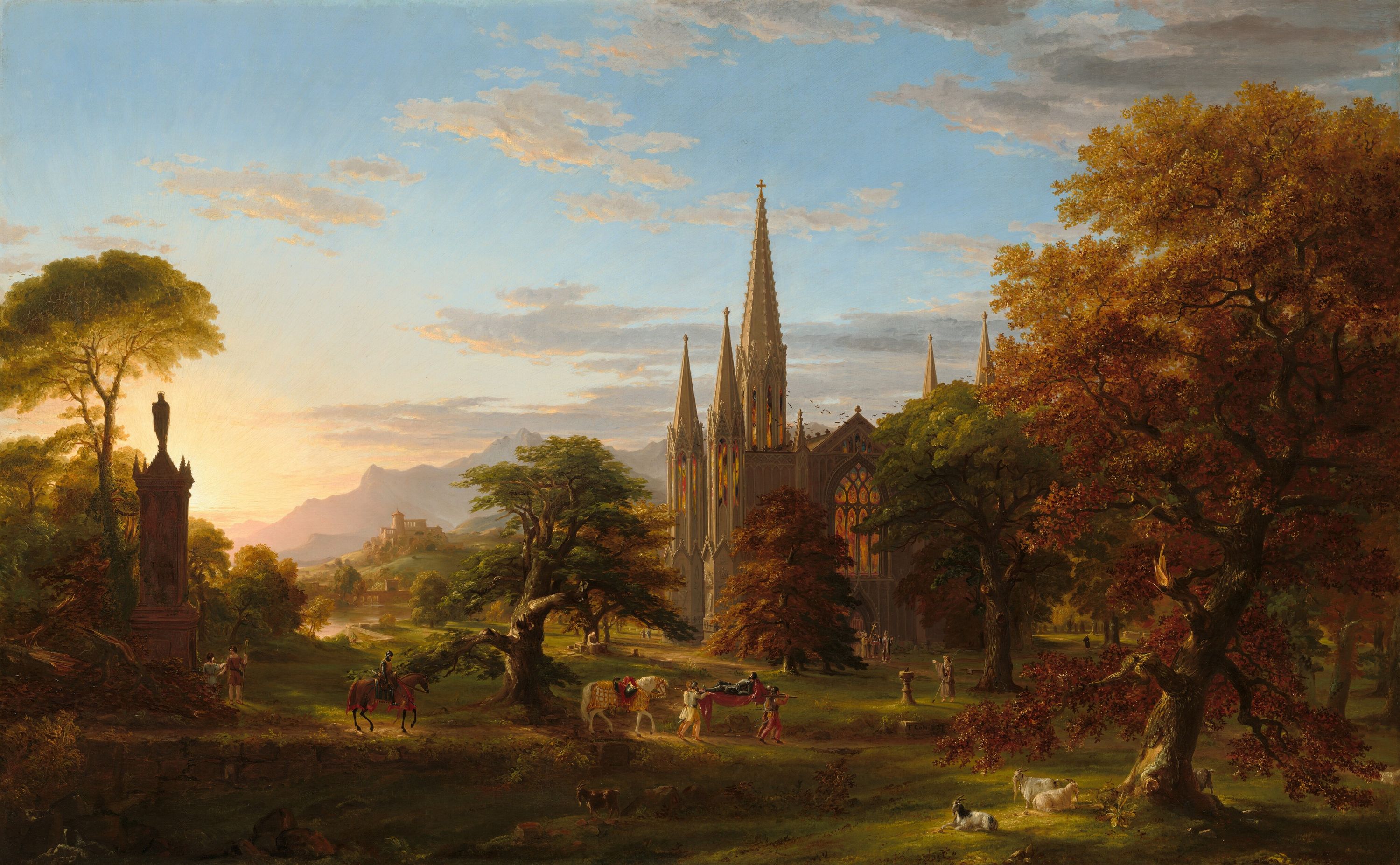 Oil painting of travelers passing a church on their way home.