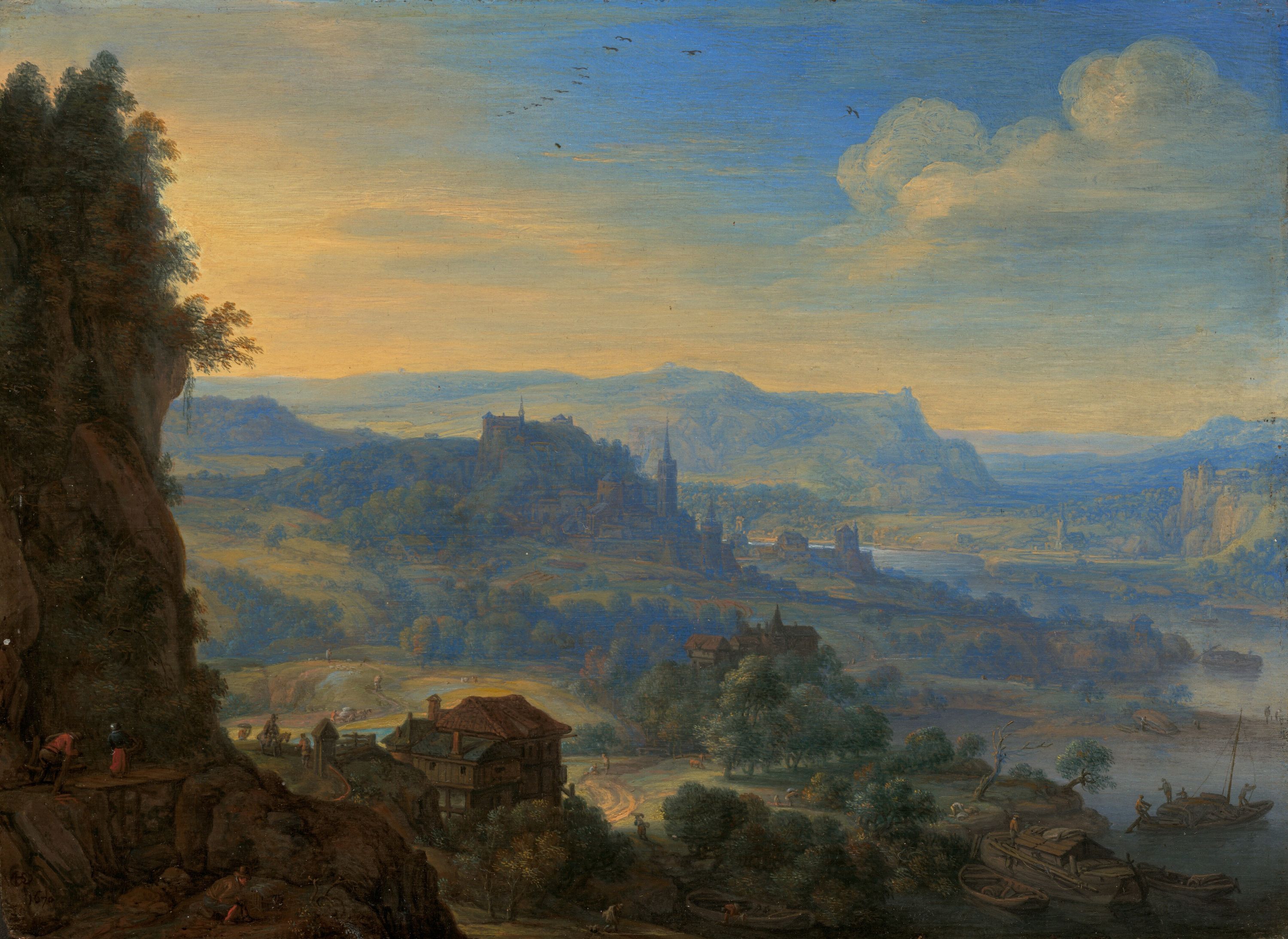 Oil painting of a river valley filled with woodland and homes.