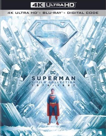 4K UHD Box set of Superman 5-film collection 1978-1987 with Superman standing in the fortress of solitude