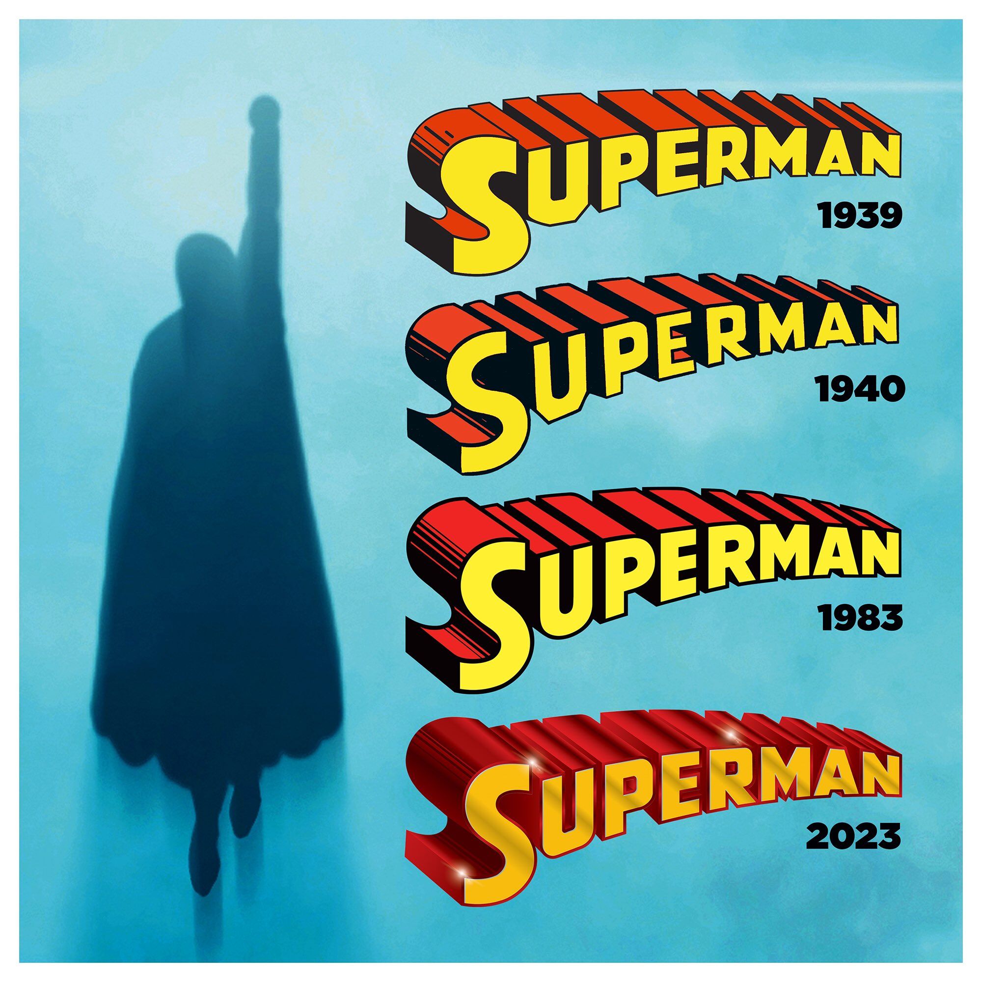 Superman logo word mark as it was in 1939, 1940, 1983, and 2023