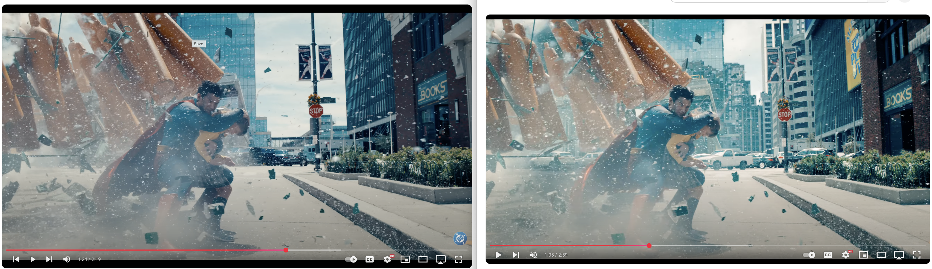a screen shot of two versions of the trailer. More buildings have been added to the background in the second shot