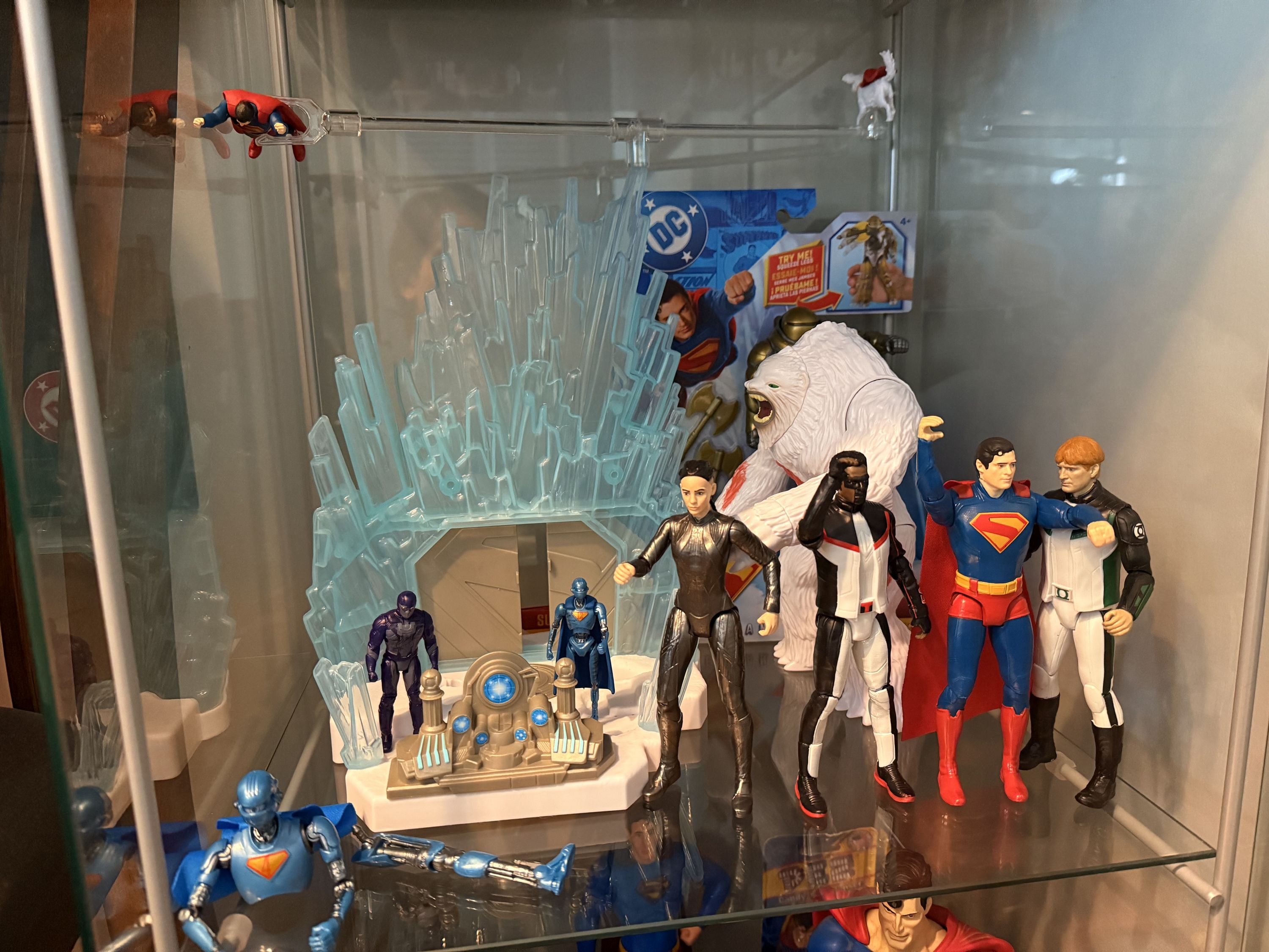 Superman Fortress of Solitude Battle Set with a large Yeti monster and 4 smaller figures. Superman, Ultraman, Robot #12, and Krypto. Hammer of Boravia in the background still in the package, Superman, The Engineer, Guy Gardner, and Mr. Terrific 6-inch toys in front of the Yeti