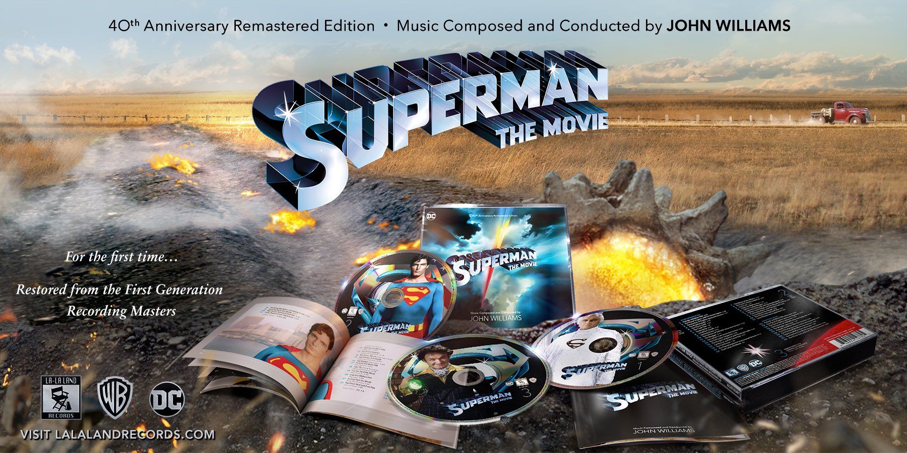 Promotional artwork for the Lalaland release of the Superman the movie soundtrack. 40th Anniversary Remastered Edition • Music Composed and Conducted by JOHN WILLIAMS THE MOVIE For the first time. Restored from the First Generation Recording Masters