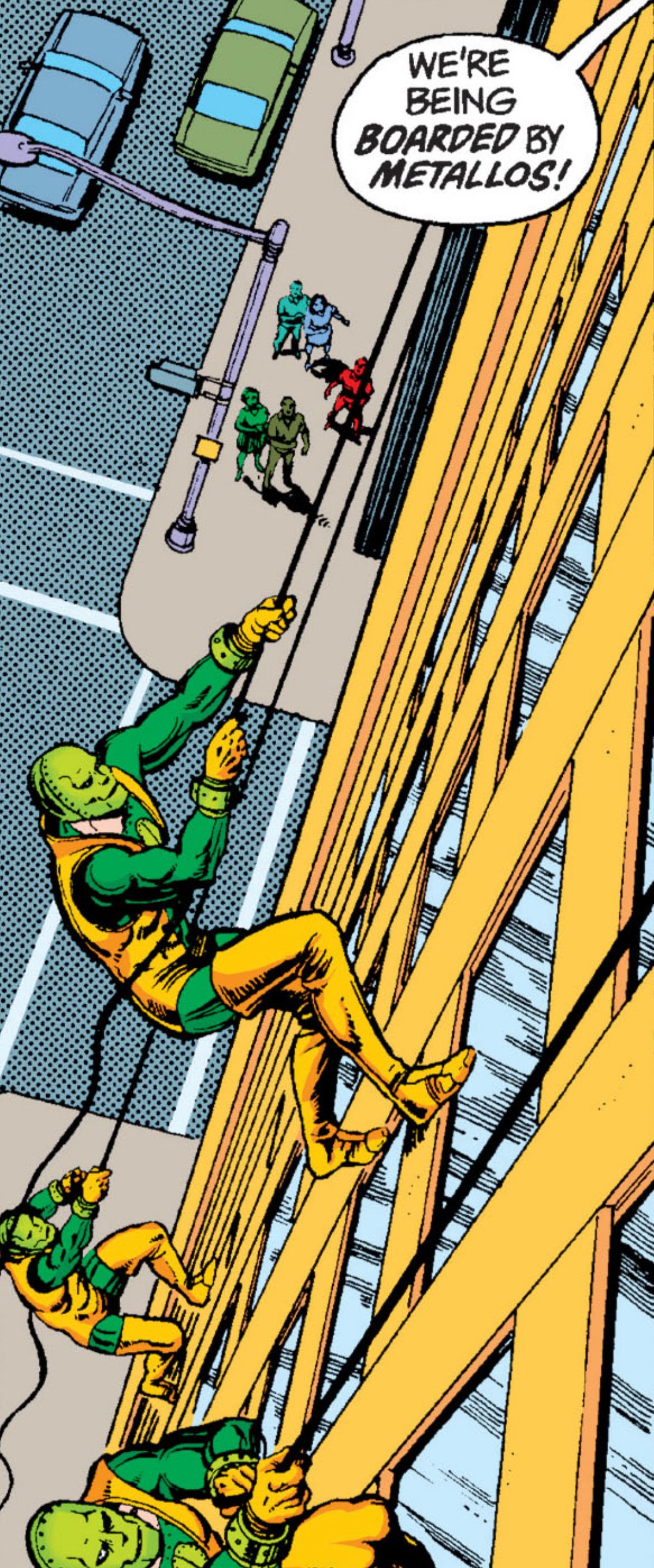 Comic book panel from Superman #423. Several of the pre-crisis orange and green Metallos are climbing up the side of the Daily Planet building on a rope. There is a speech bubble that says “We’re being boarded by Metallos!”