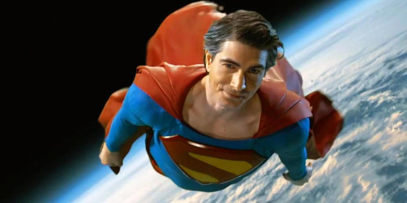 Brandon Routh’s Superman flying around the Earth smiling at the camera