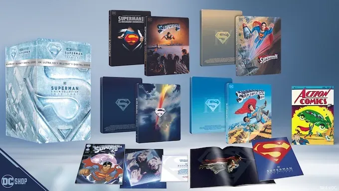4K UHD boxset of steelbooks. Showing all four Superman films original posters, plus the Superman 78 comic booklet and the cover for Action Comics 1