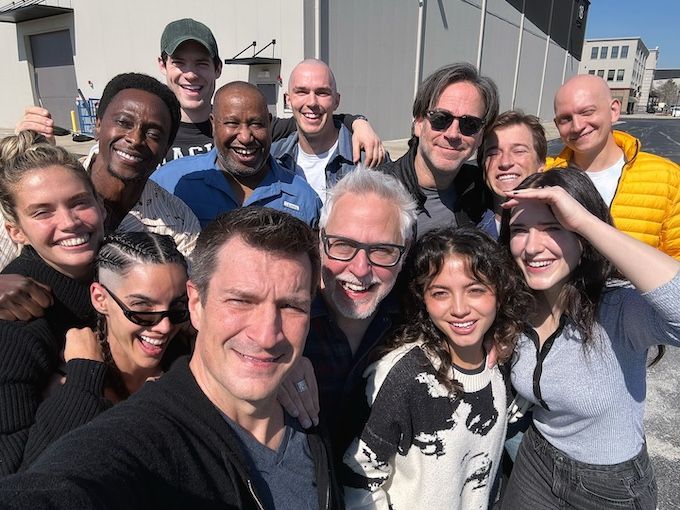 A group photo of the case from Superman after their first table read. Eve, Mr. Terrific, Superman/Clark, Otis, Lex, producer Peter Safran, Jimmy, Metamorpho, Lois, Hawkgirl, me, Guy, and The Engineer