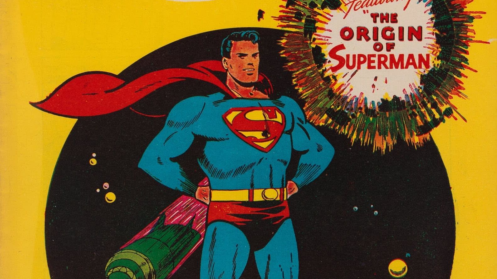 A close up of the cover of Superman 53 showing the round serif in 1948