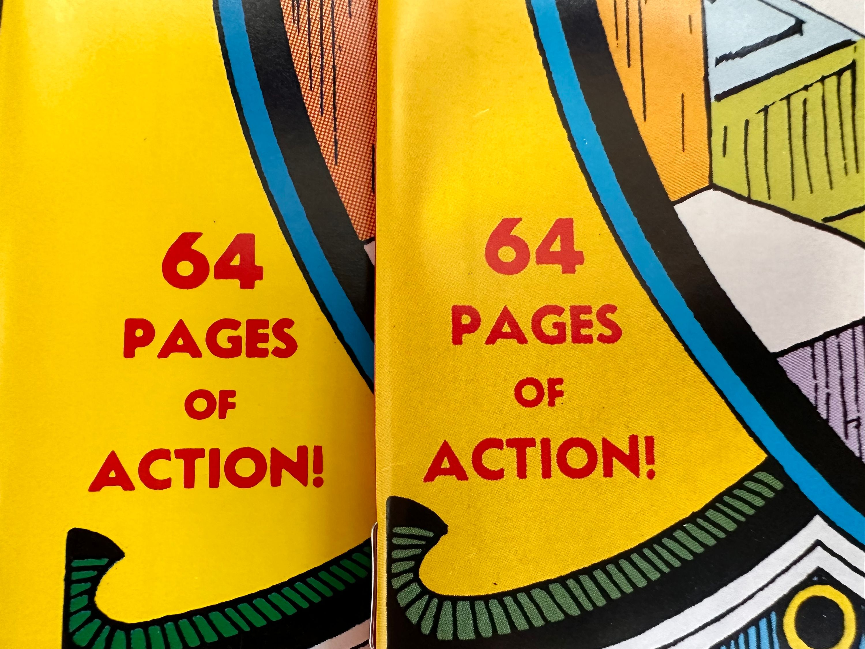 Bottom left of the cover showing the subtle font weight different in the text “64 Pages of Action!”