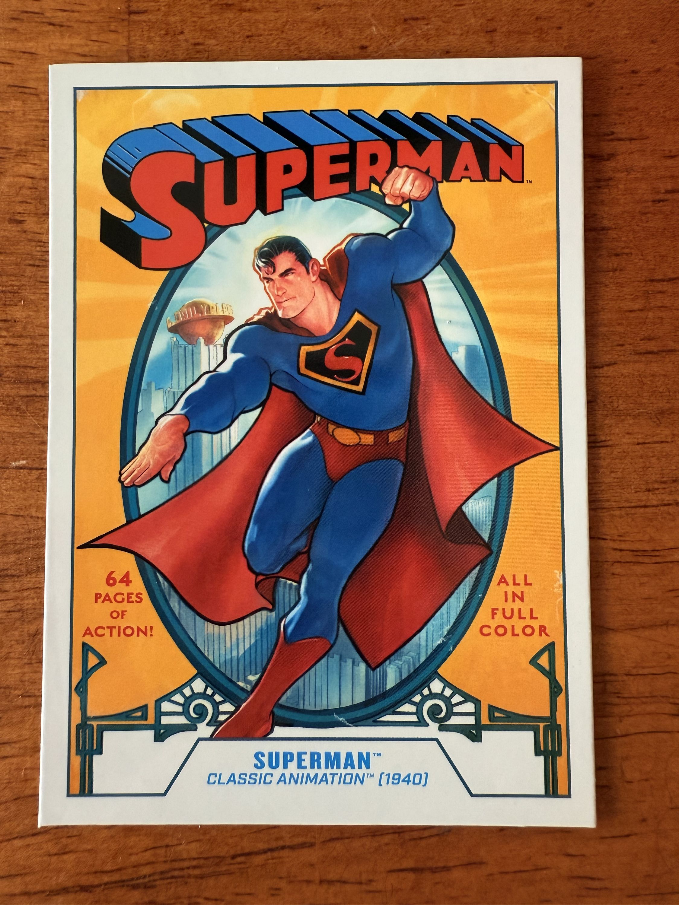 An homage to the cover of Superman #1. It features Superman on a yellow background flying above a city.