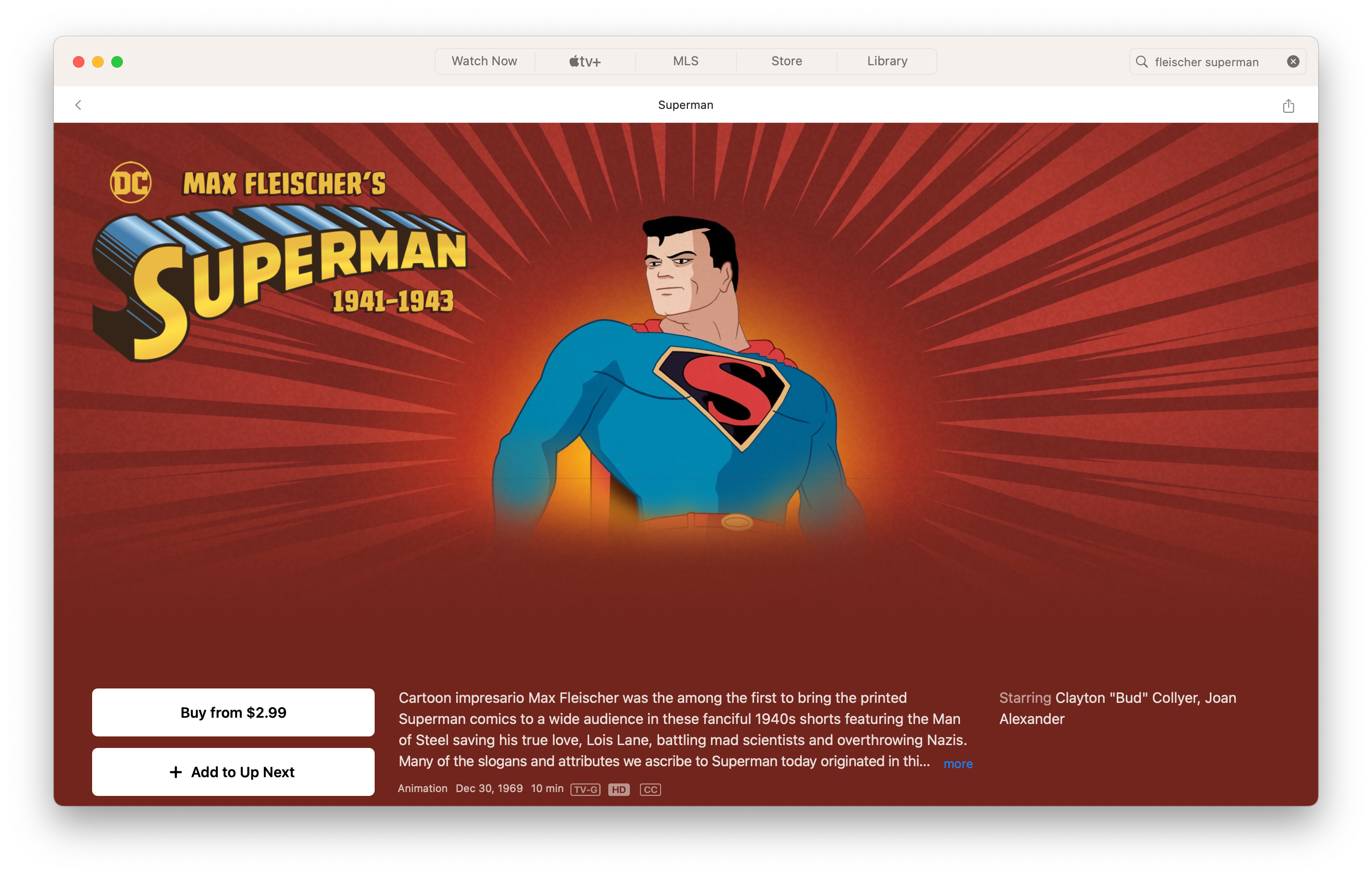 The purchase screen from iTunes of Max Fleischer’s Superman, with a weirdly ugly frame of Superman