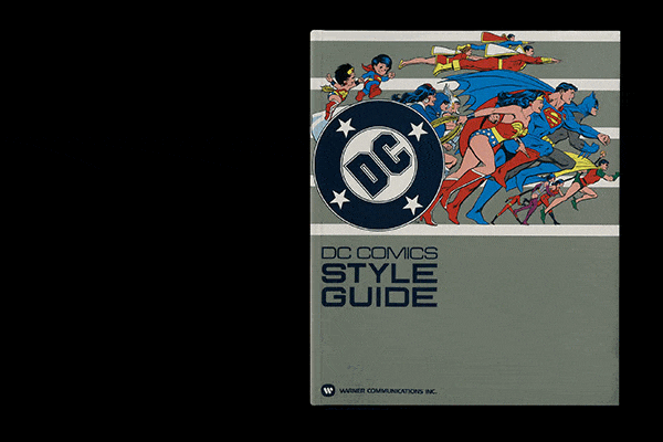 animated gif with many pages from the DC Style Guide. Various DC heroes showcased including Superman, Batman, and Wonder Woman