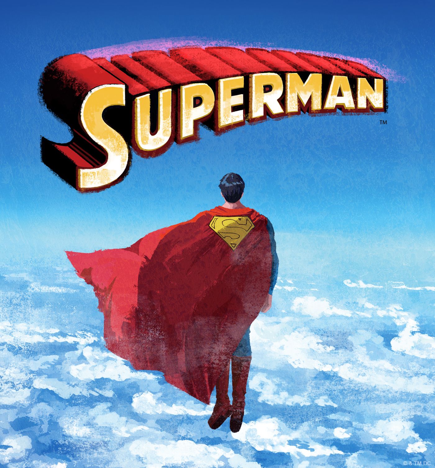 The Superman wordmark above Superman with his back facing us looking out at a clear blue sky.